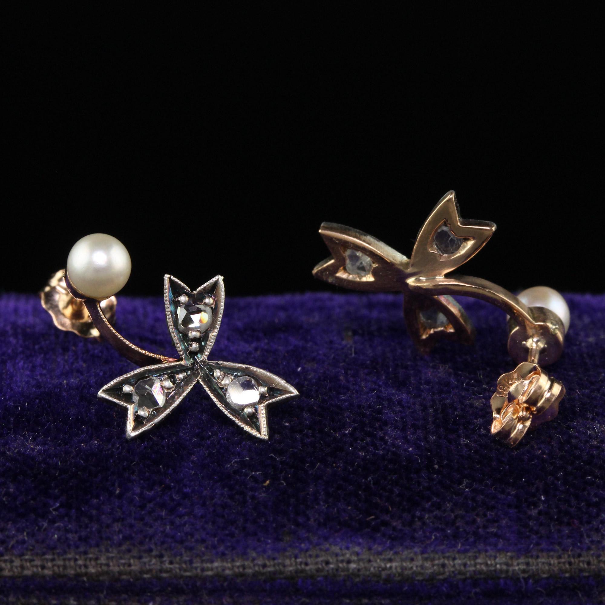 Taille rose Boucles d'oreilles victoriennes anciennes en or rose 18 carats, diamants taille rose et perles en vente