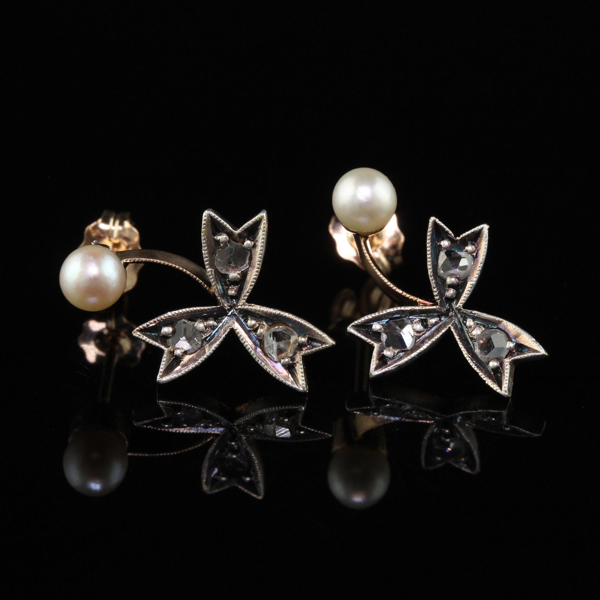 Boucles d'oreilles victoriennes anciennes en or rose 18 carats, diamants taille rose et perles Bon état - En vente à Great Neck, NY