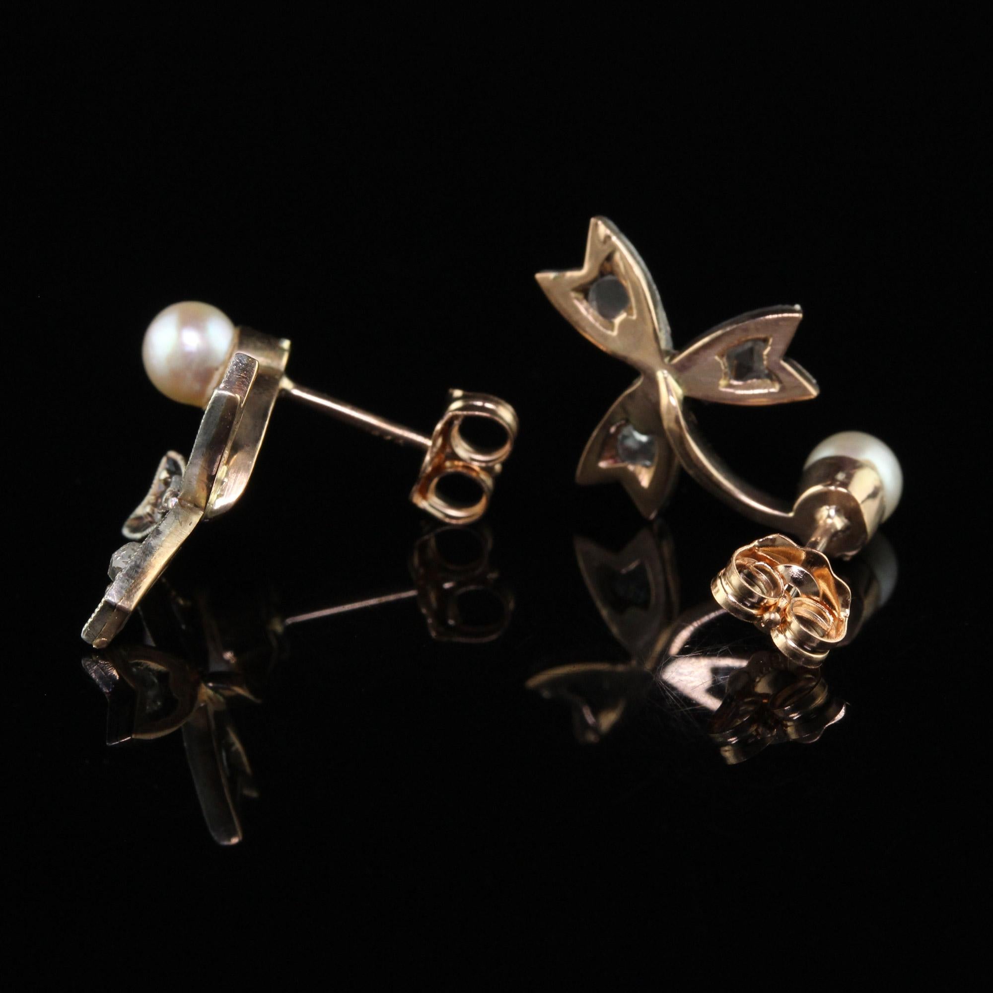 Boucles d'oreilles victoriennes anciennes en or rose 18 carats, diamants taille rose et perles Pour femmes en vente