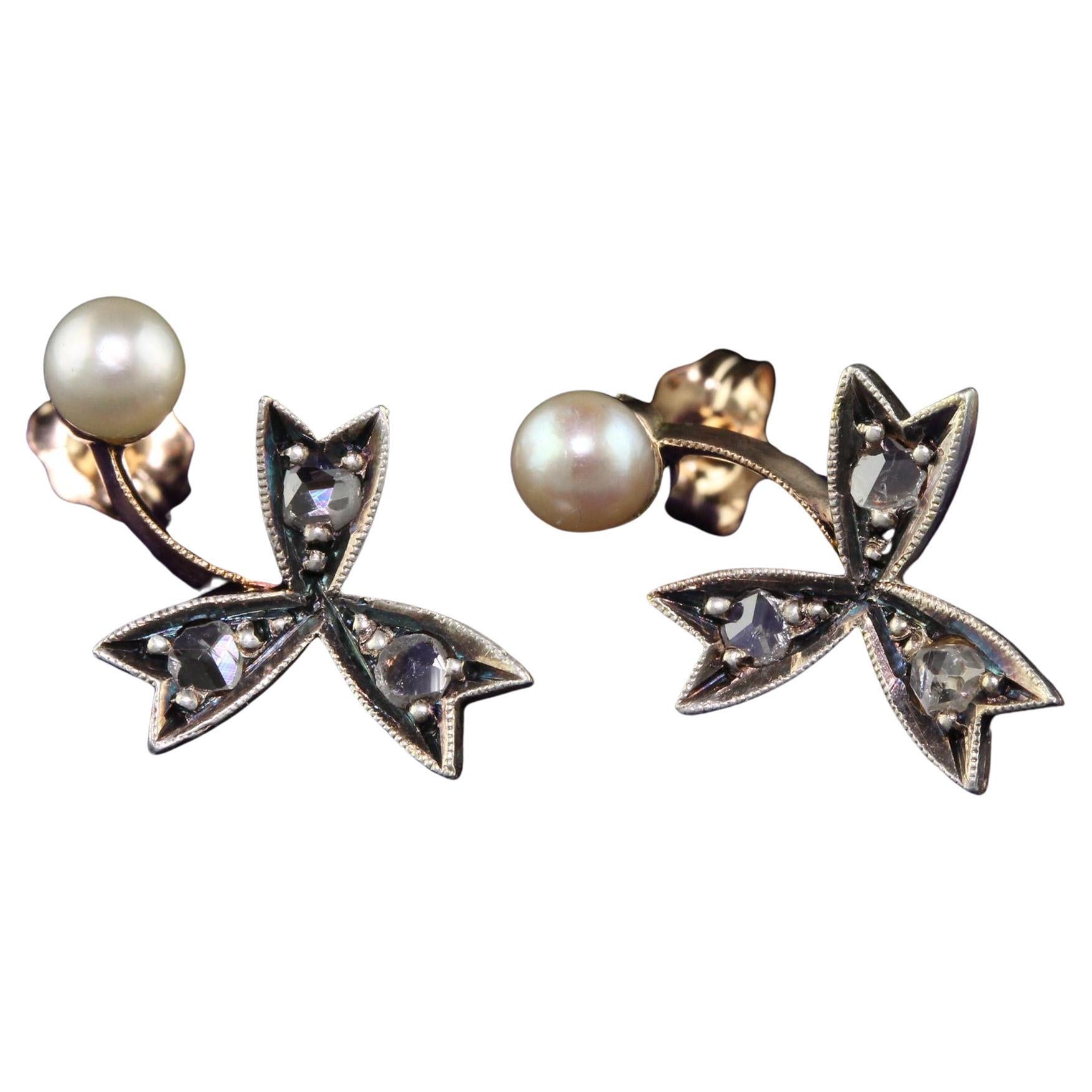 Antique Victorian 18K Rose Gold Rose Cut Diamond and Pearl Floral Earrings For Sale