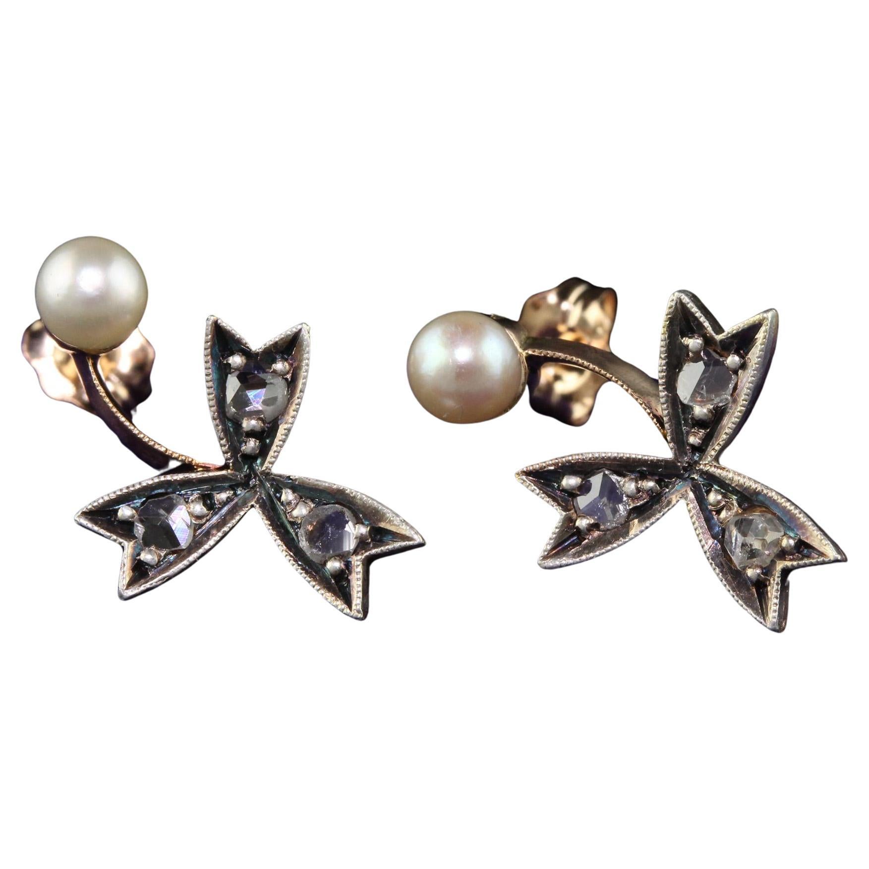 Antique Victorian 18K Rose Gold Rose Cut Diamond and Pearl Floral Earrings For Sale