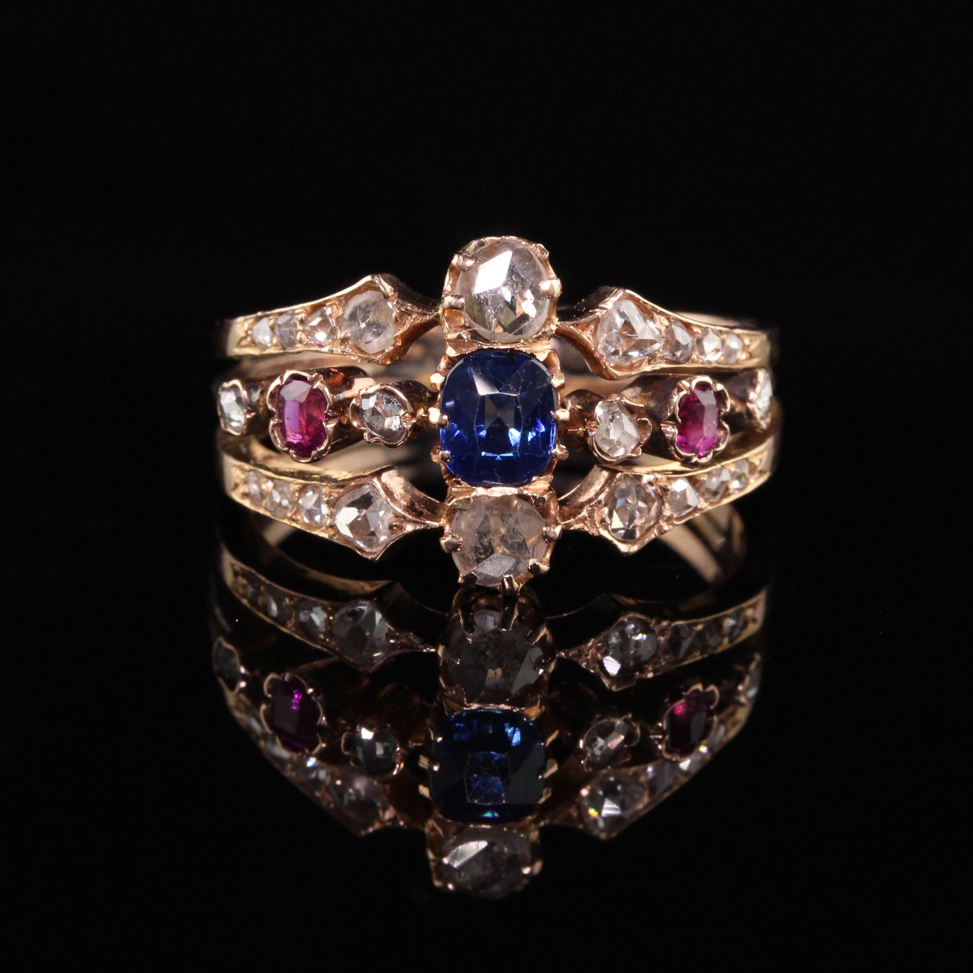 Antique Victorian 18k Rose Gold Rose Cut Diamond Sapphire and Ruby Ring In Good Condition In Great Neck, NY