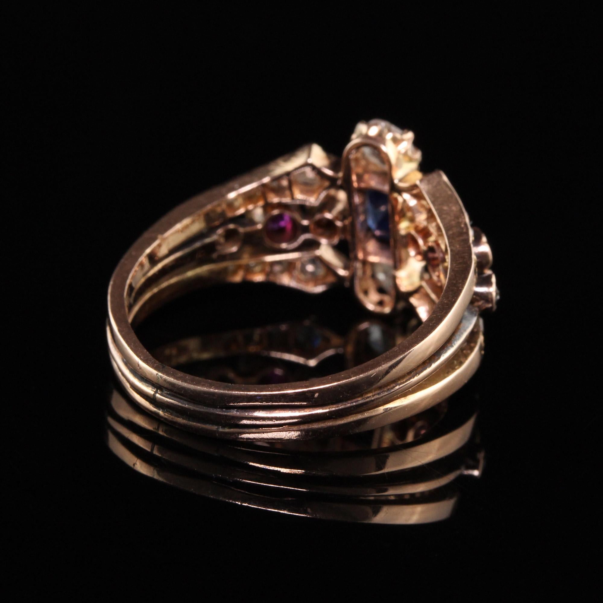 Women's Antique Victorian 18k Rose Gold Rose Cut Diamond Sapphire and Ruby Ring