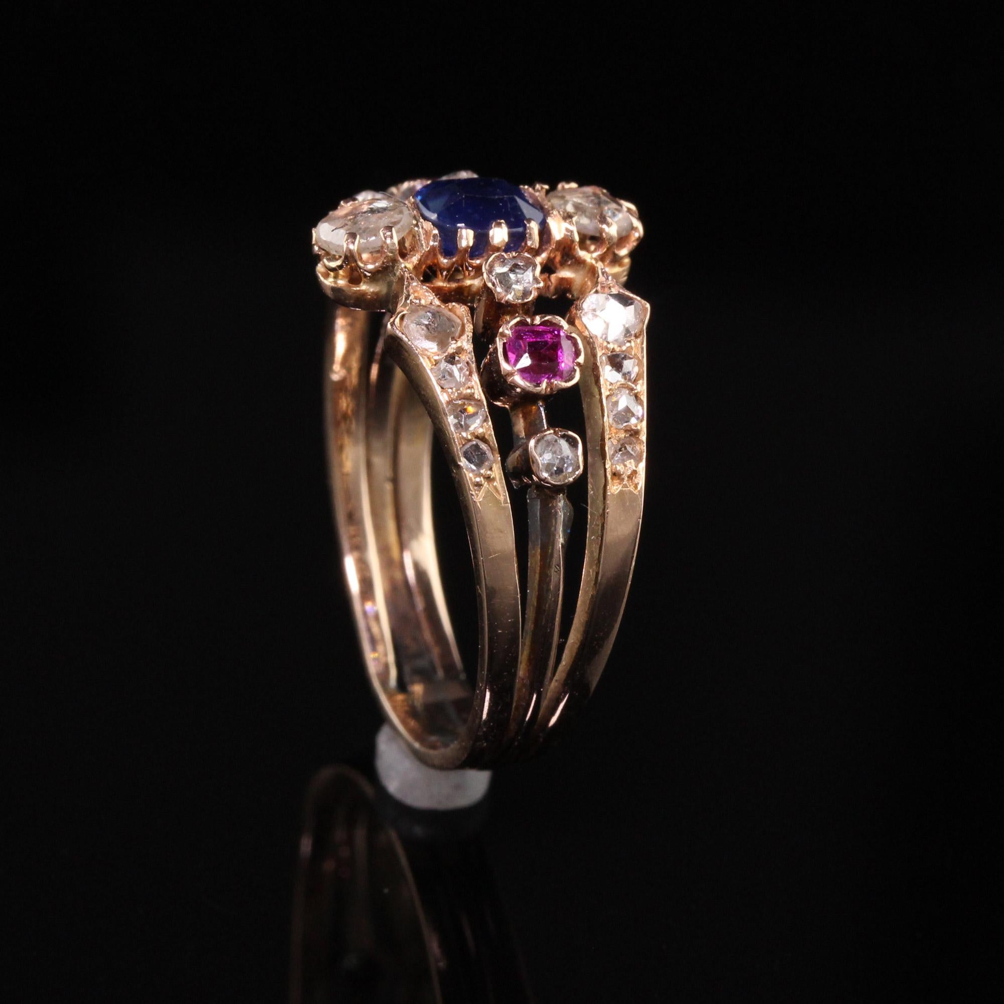 Antique Victorian 18k Rose Gold Rose Cut Diamond Sapphire and Ruby Ring 1