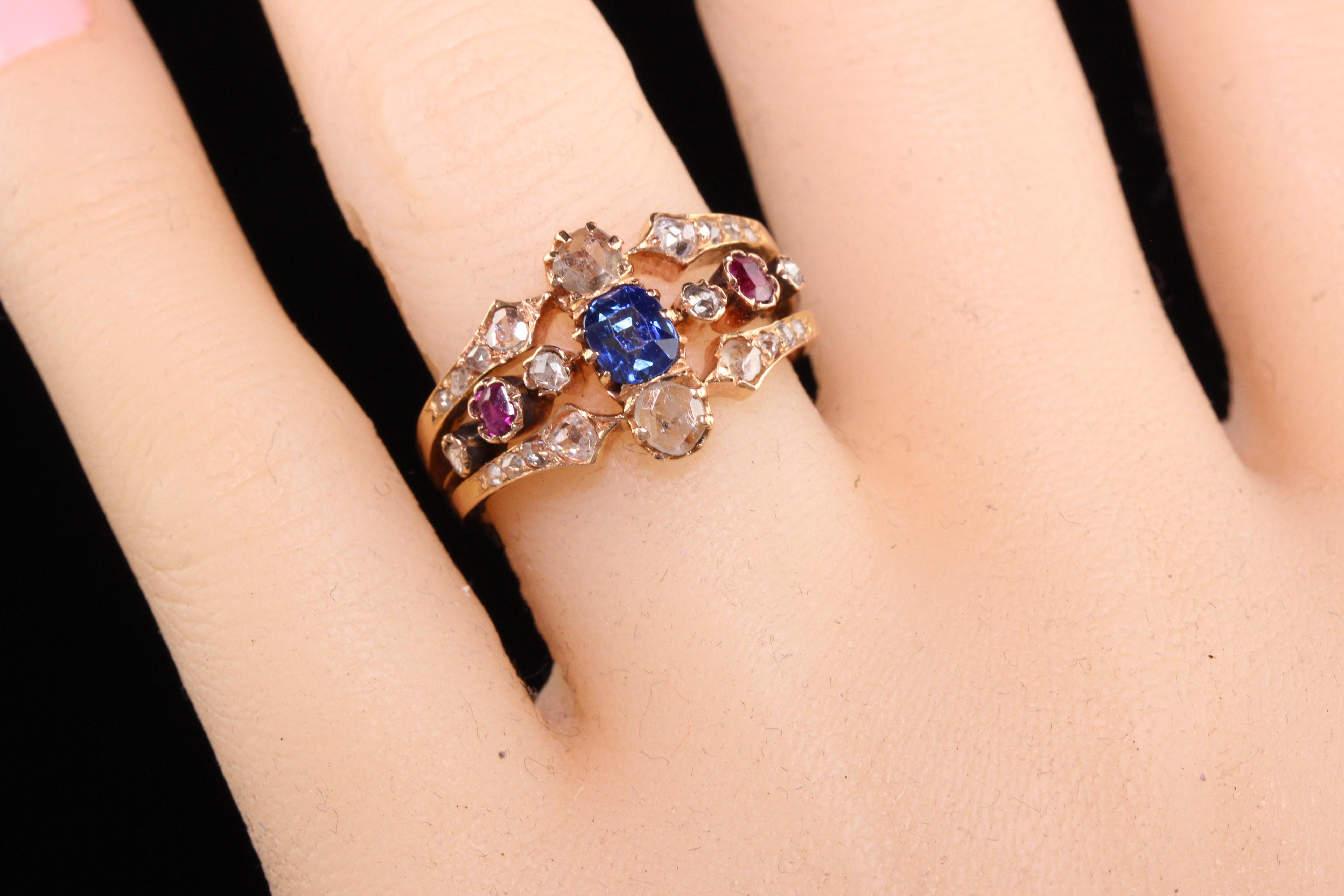 Antique Victorian 18k Rose Gold Rose Cut Diamond Sapphire and Ruby Ring 2