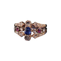 Antique Victorian 18k Rose Gold Rose Cut Diamond Sapphire and Ruby Ring