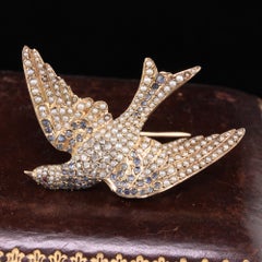 Antique Victorian 18 Karat Gold Rose Cut Diamond, Seed Pearl and Sapphire Brooch
