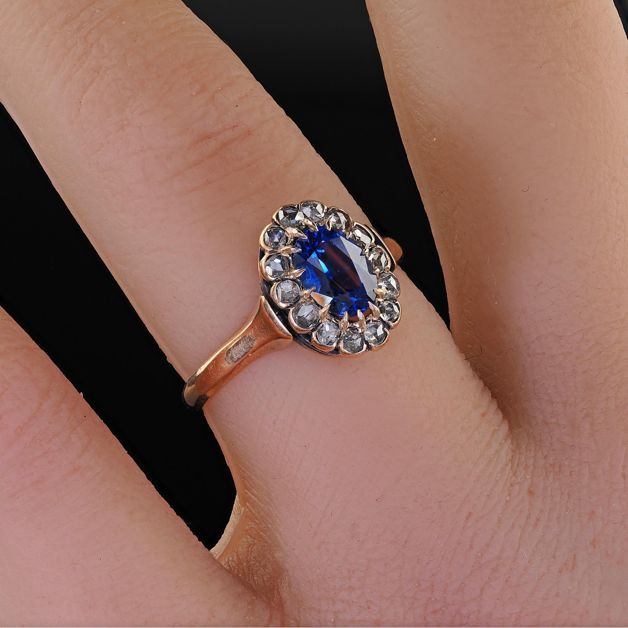 Bague de fiançailles victorienne ancienne en or rose 18 carats avec saphirs et diamants - GIA en vente 4