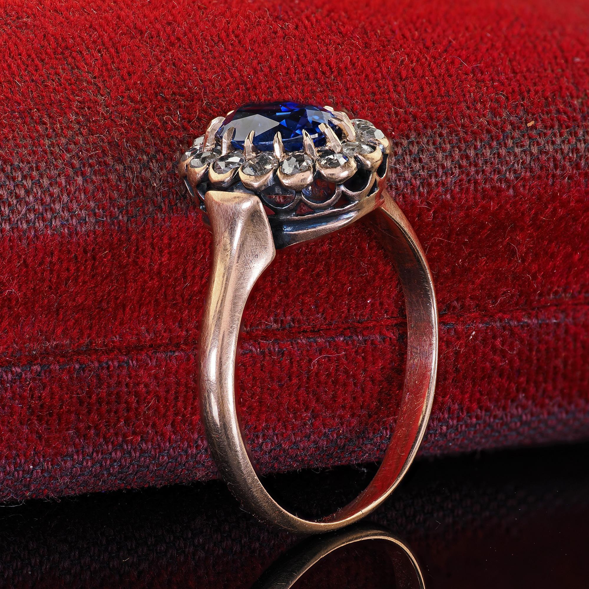 Victorien Bague de fiançailles victorienne ancienne en or rose 18 carats avec saphirs et diamants - GIA en vente