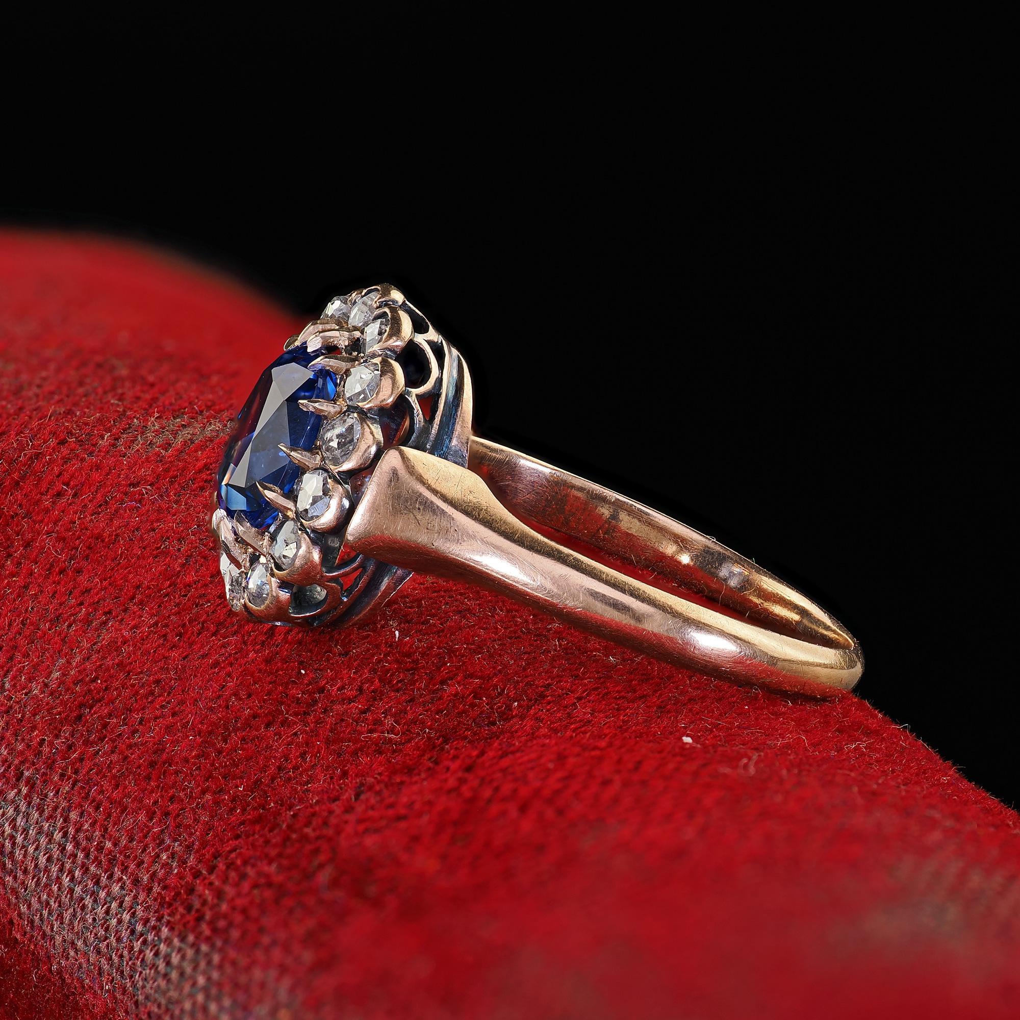 Bague de fiançailles victorienne ancienne en or rose 18 carats avec saphirs et diamants - GIA Bon état - En vente à Great Neck, NY