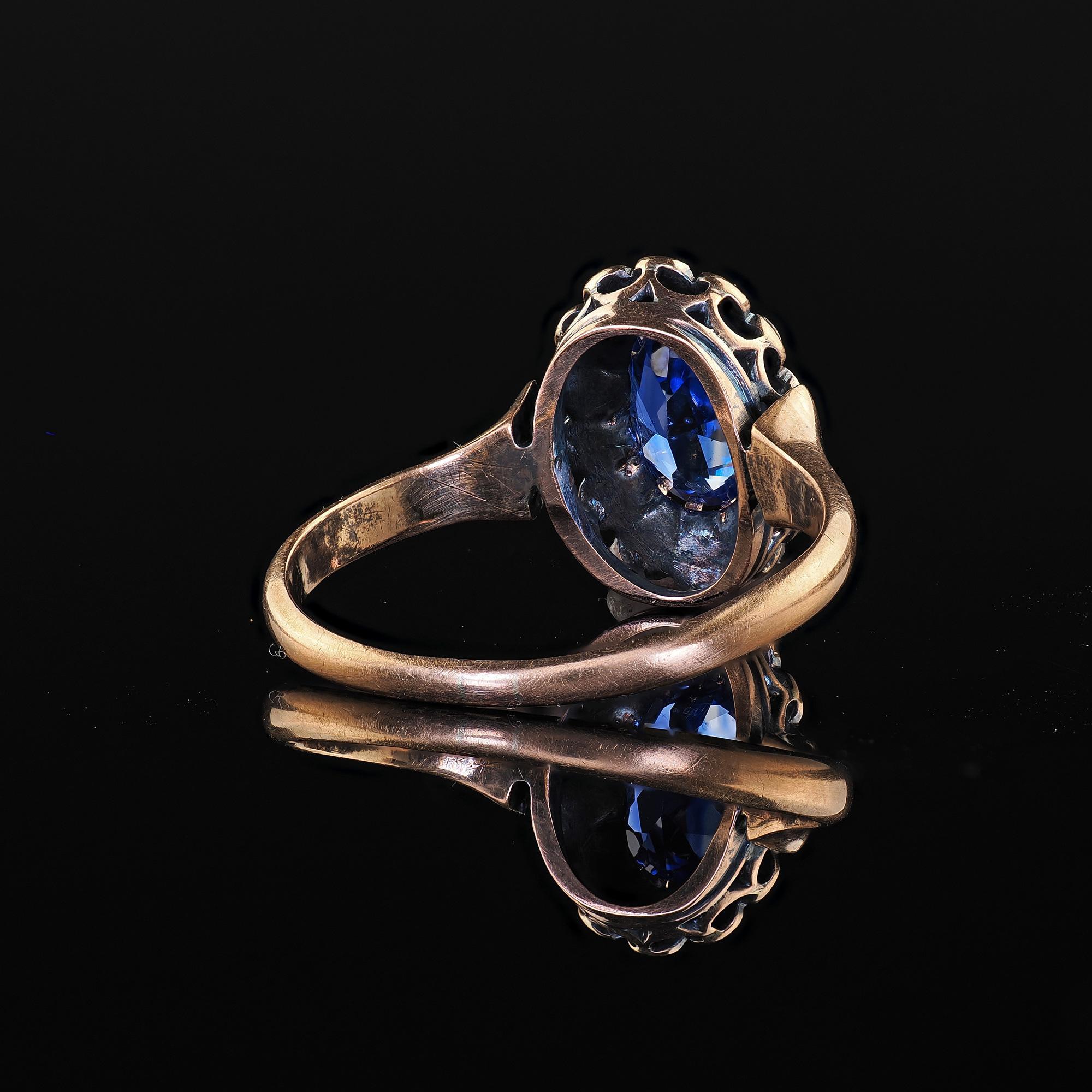 Bague de fiançailles victorienne ancienne en or rose 18 carats avec saphirs et diamants - GIA en vente 2