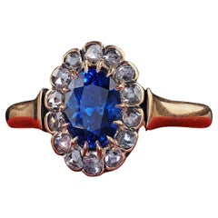Bague de fiançailles victorienne ancienne en or rose 18 carats avec saphirs et diamants - GIA
