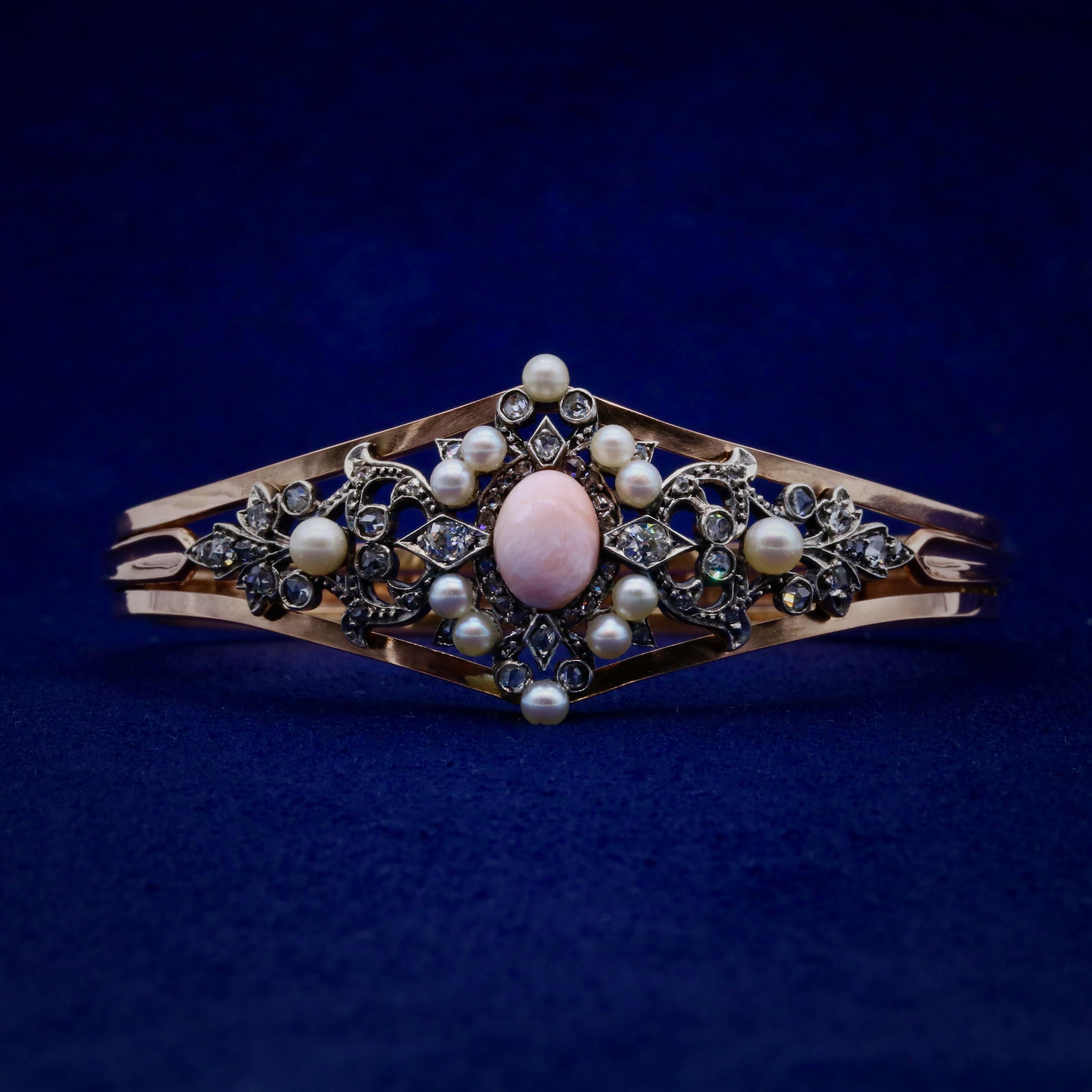 Rose Cut Antique Victorian 18K Rose Gold & Silver Conch Pearl, Diamond & Pearl Bangle For Sale