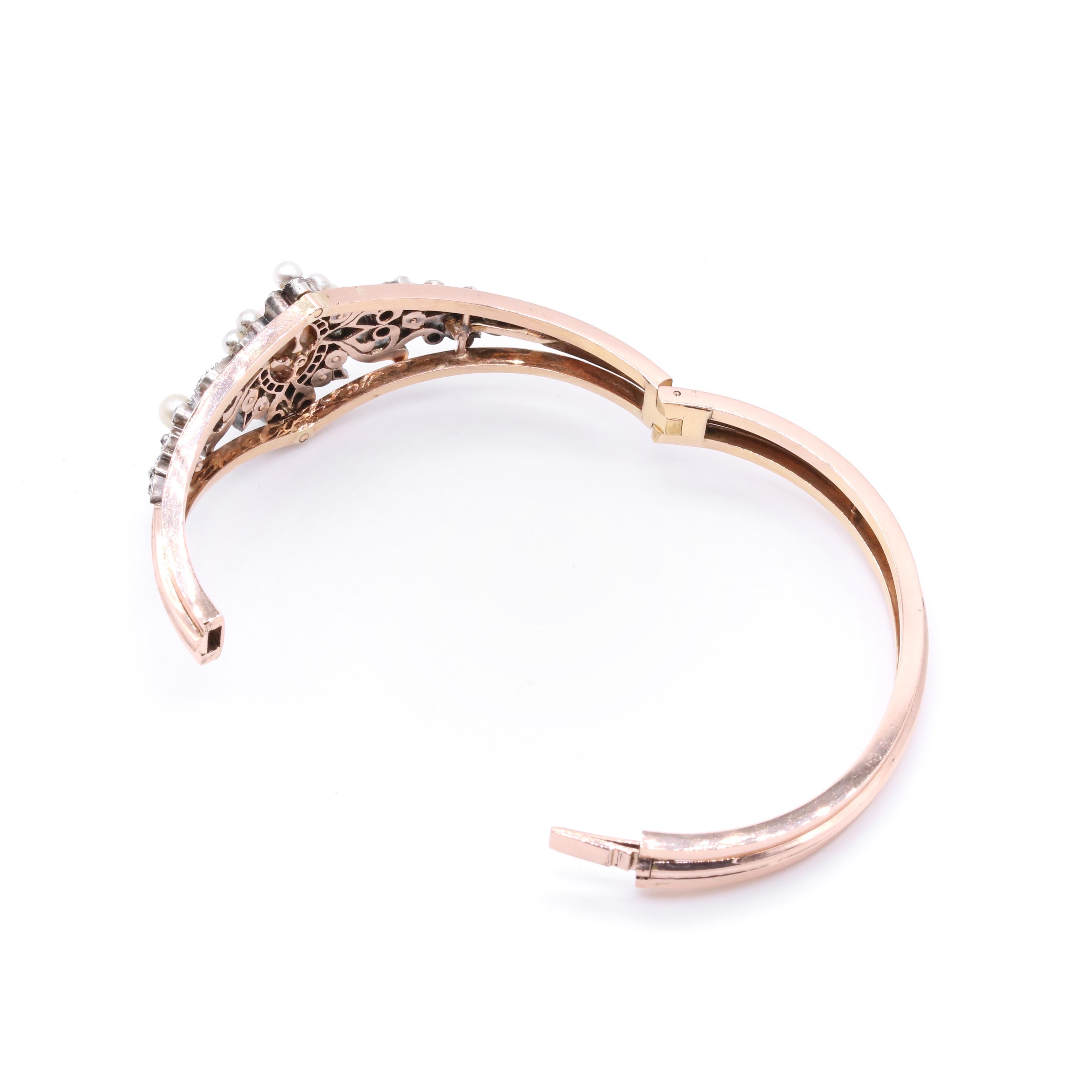 Bracelet jonc victorien ancien en or rose 18 carats et argent avec perles coniques, diamants et perles en vente 2