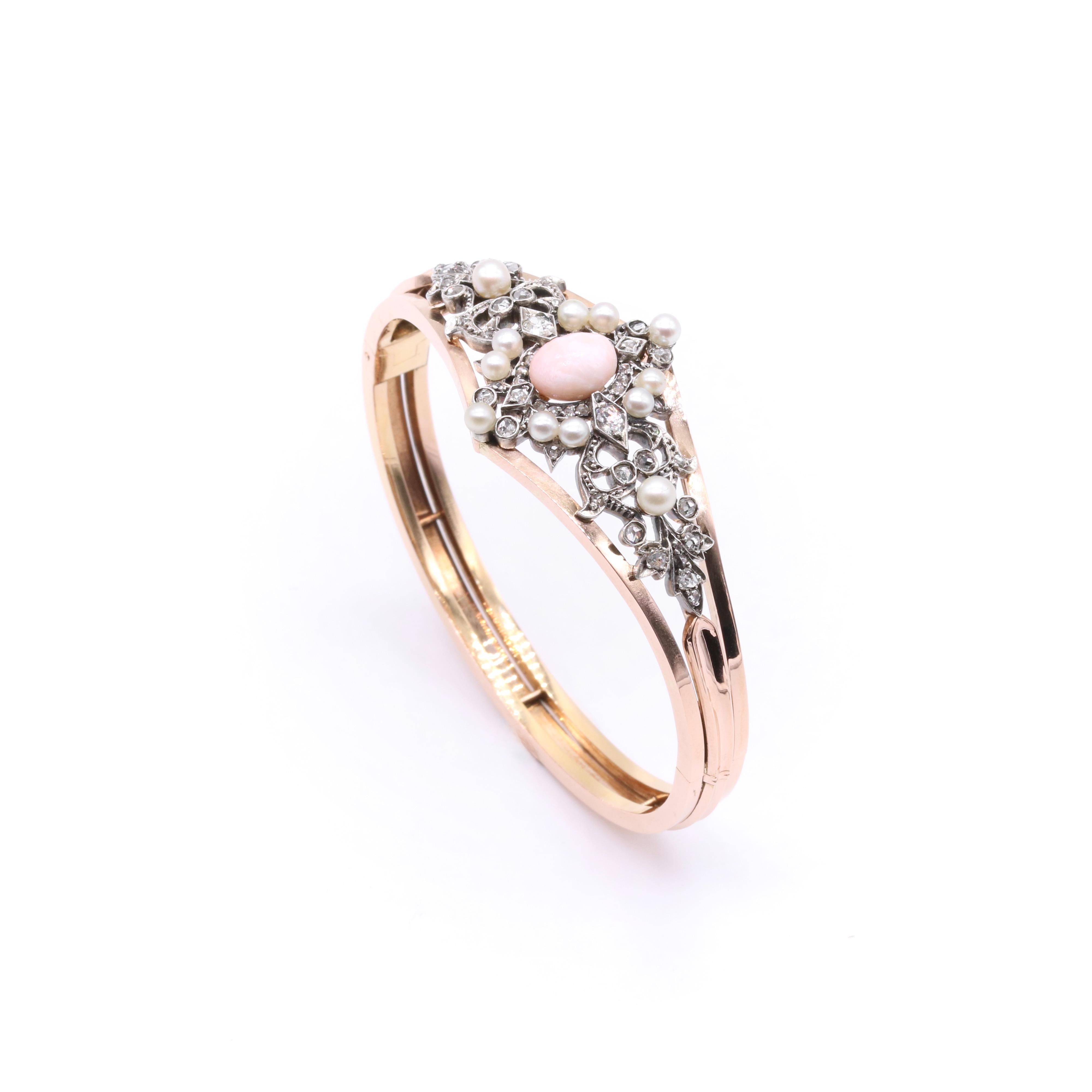 Bracelet jonc victorien ancien en or rose 18 carats et argent avec perles coniques, diamants et perles en vente 3