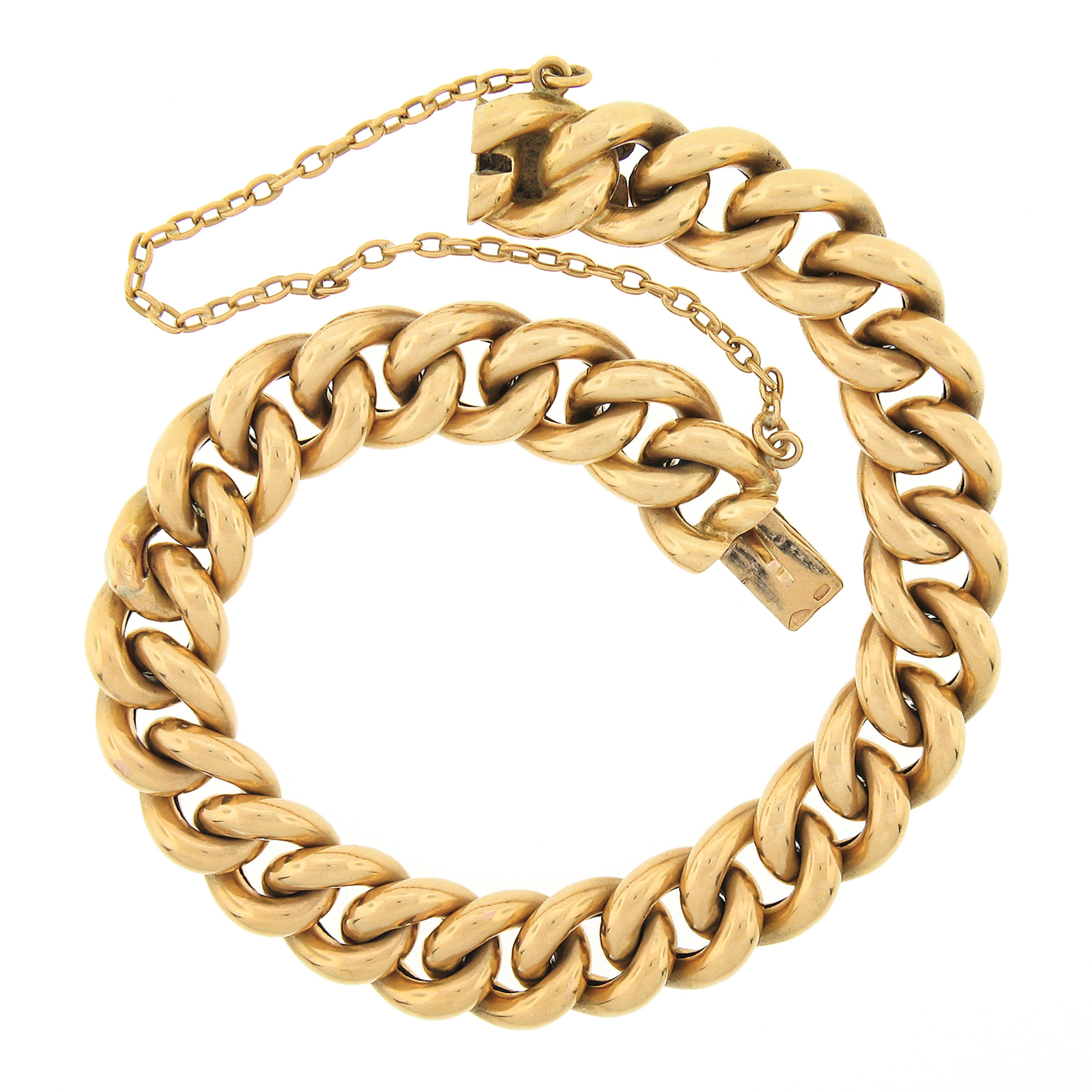 Women's or Men's Antique Victorian 18k Rosy Yellow Gold Puffed Curb Link Chain Bracelet