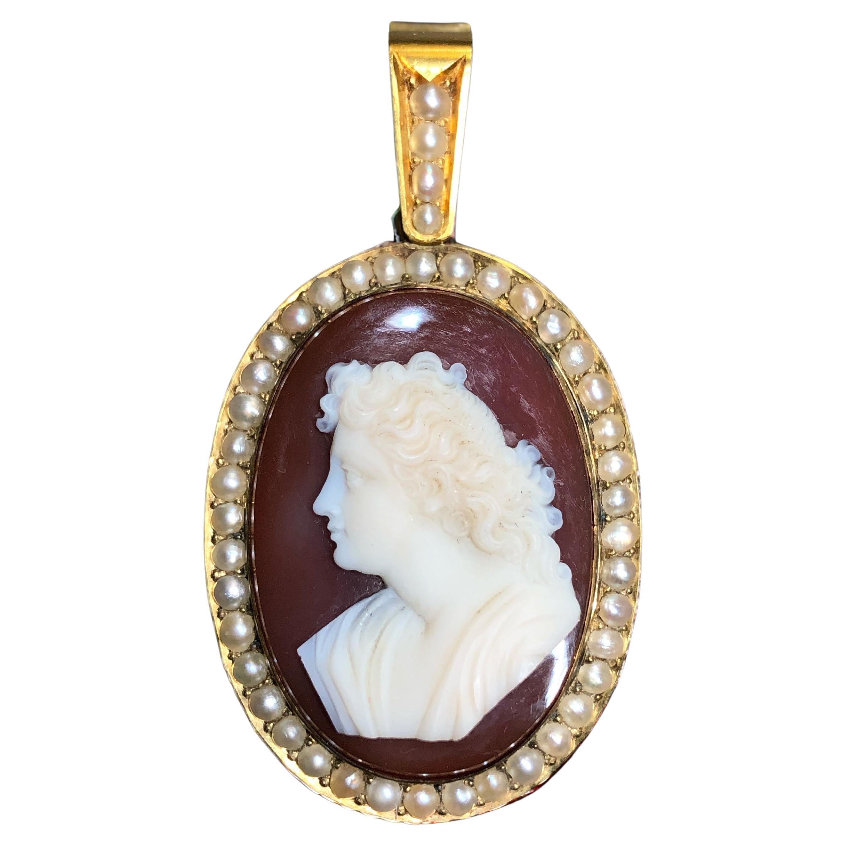 Antique Victorian 18K Seed Pearl Hard Stone Agate Cameo Locket Pendant