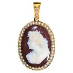 Antique Victorian 18K Seed Pearl Hard Stone Agate Cameo Locket Pendant