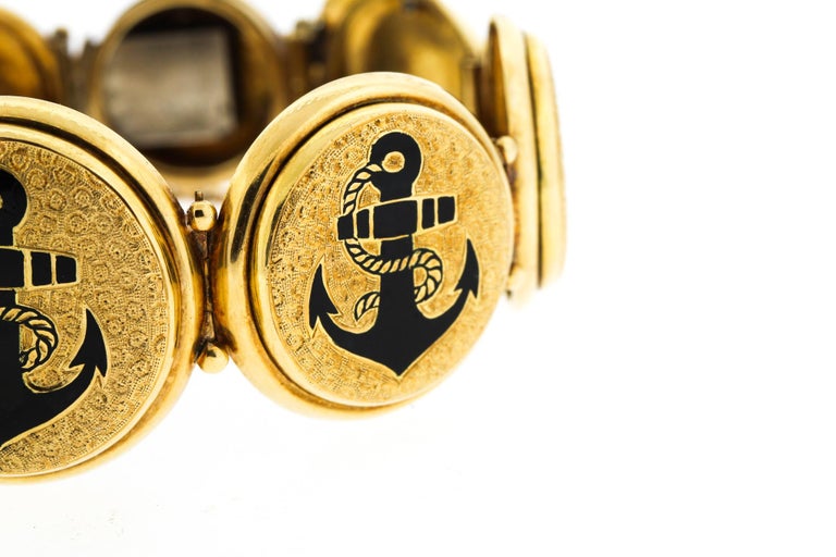 Women's Antique Victorian 18 Karat Tracery Enamel Anchor Bracelet For Sale