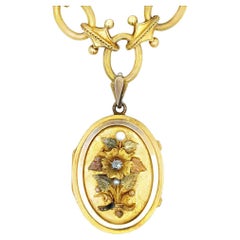 Antike viktorianische 18K Tri-Gold, Diamant, Perle Medaillon auf Fancy Link Kette
