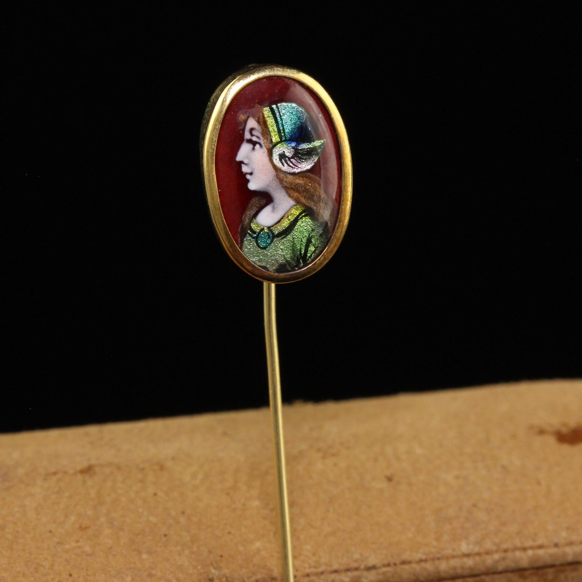 Women's or Men's Antique Victorian 18K Yellow French Enameled Woman Stick Pin For Sale