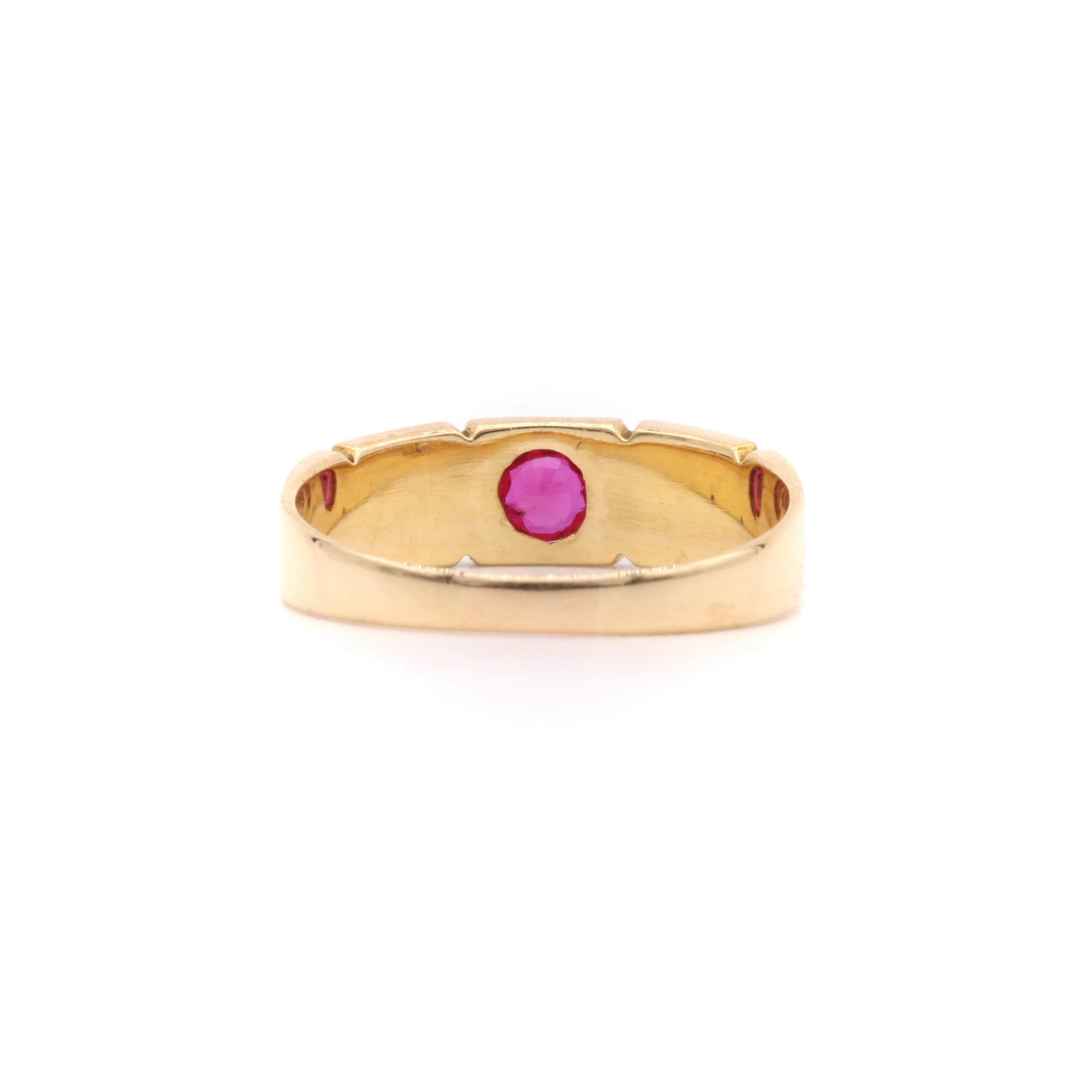 Antique Victorian 18K Yellow Gold 0.31ct Ruby and Pearl Trilogy Band Ring For Sale 2