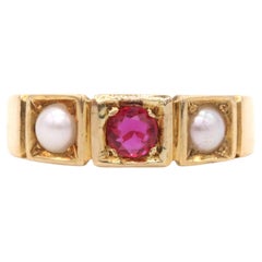 Antique Victorian 18K Yellow Gold 0.31ct Ruby and Pearl Trilogy Band Ring