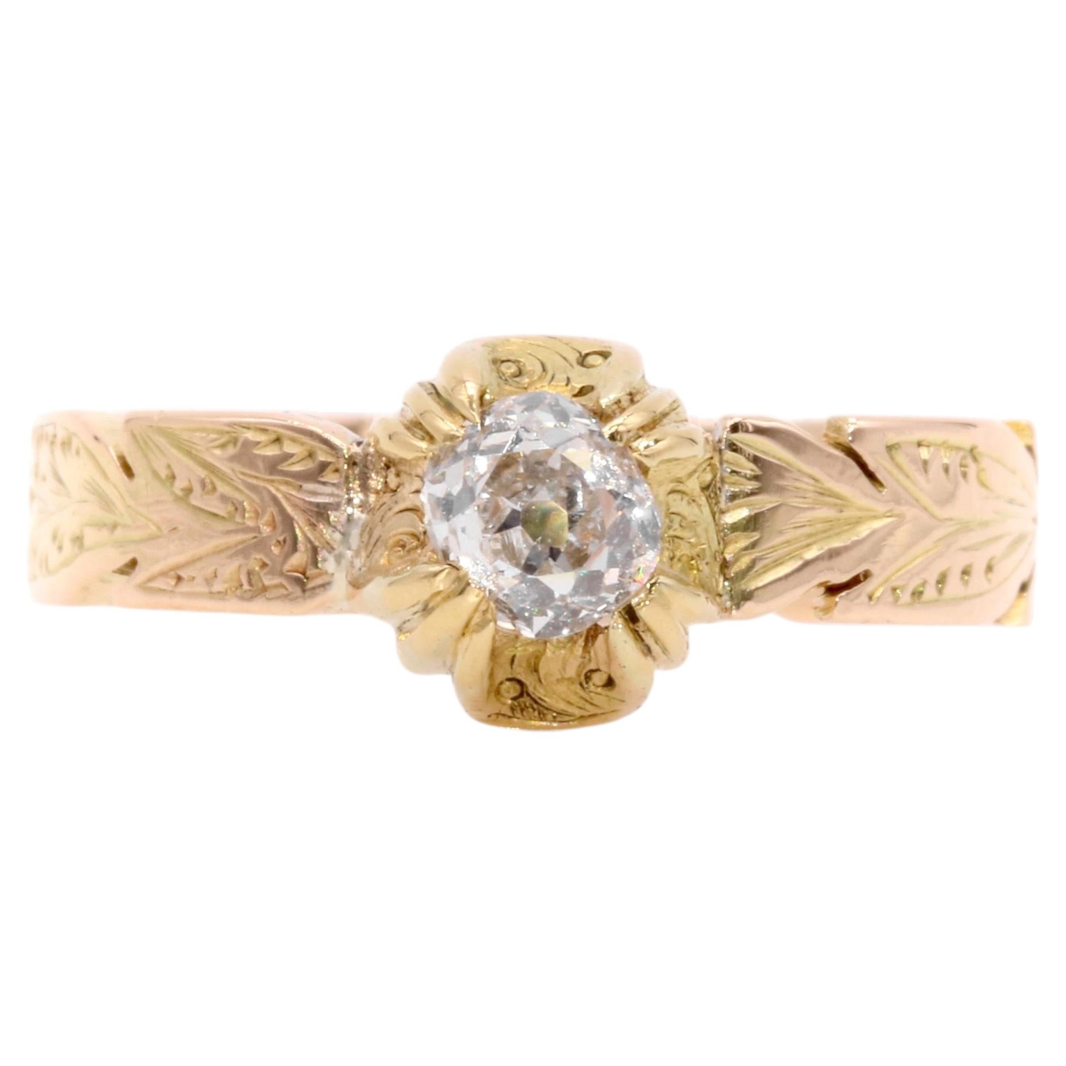 Antique Victorian 18K Yellow Gold 0.3ct Old Mine Cut Diamond Solitaire Ring