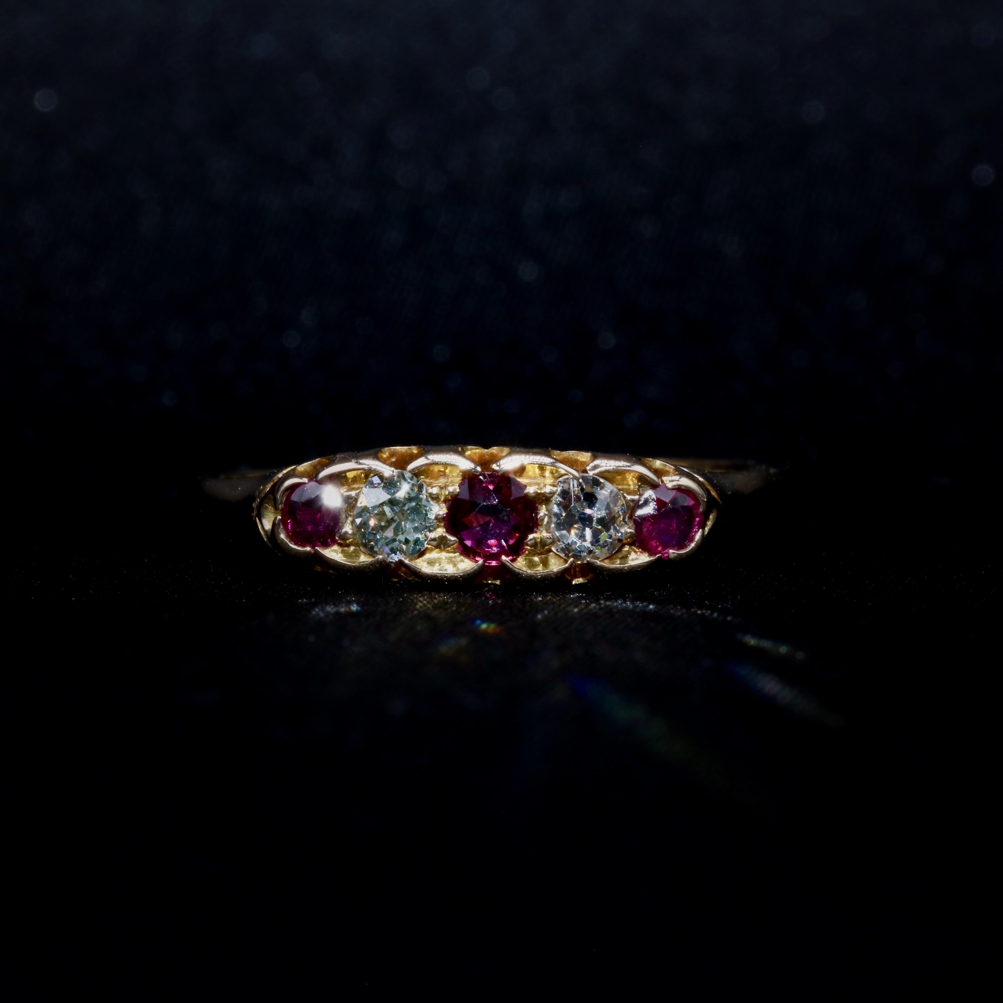 Old European Cut Antique Victorian 18K Yellow Gold 0.45tgw Ruby and Old Cut Diamond 5 Stone Ring