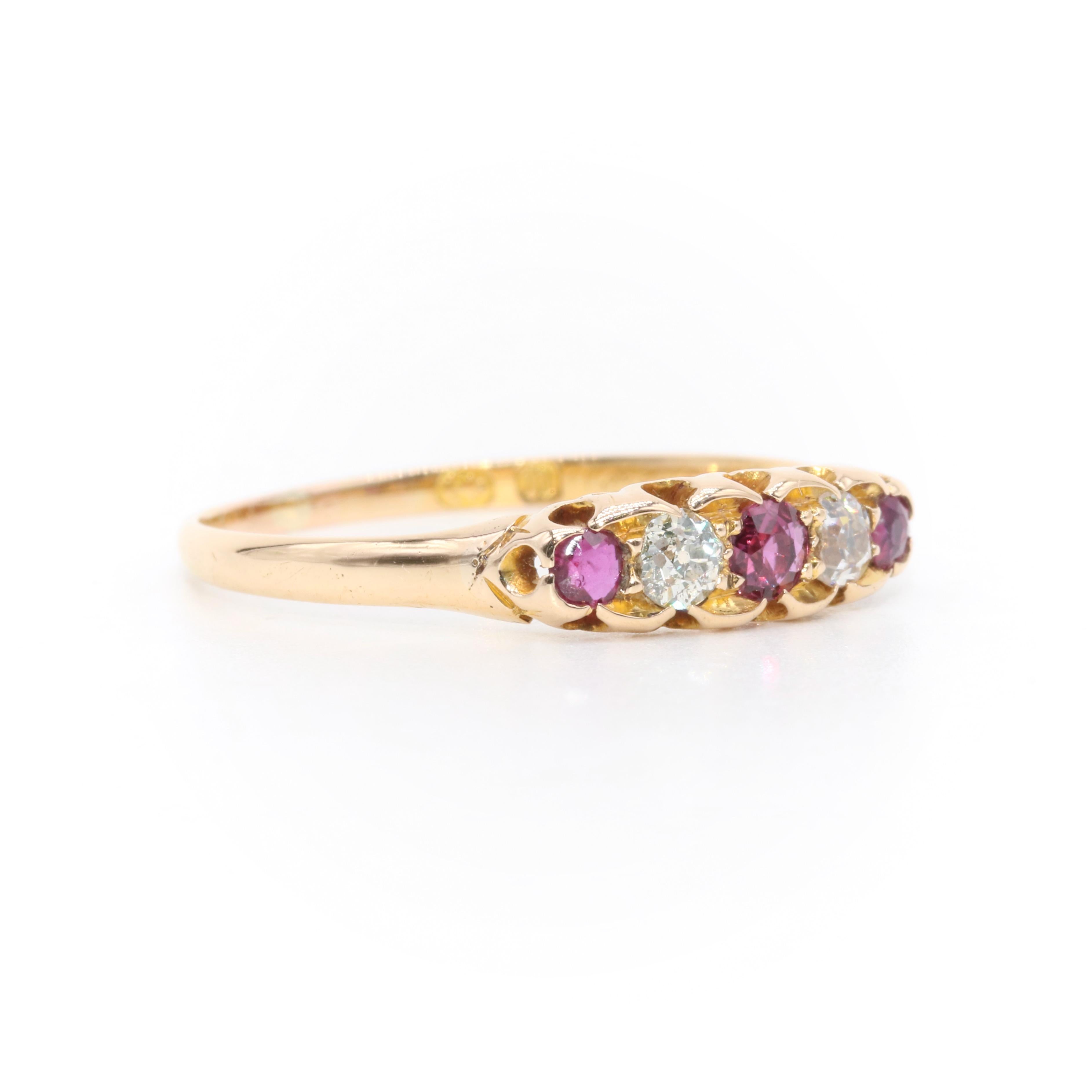 Women's or Men's Antique Victorian 18K Yellow Gold 0.45tgw Ruby and Old Cut Diamond 5 Stone Ring