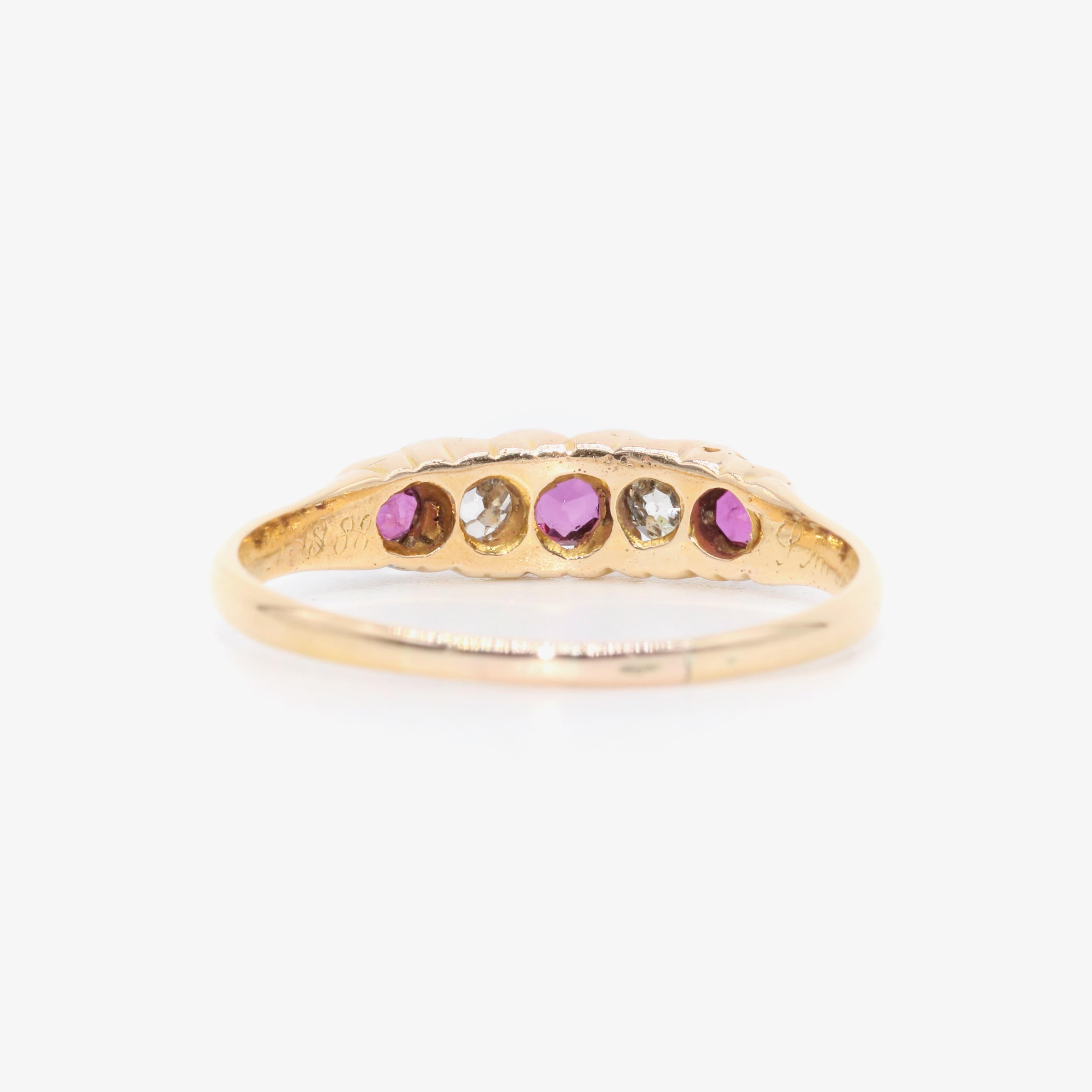 Antique Victorian 18K Yellow Gold 0.45tgw Ruby and Old Cut Diamond 5 Stone Ring 2