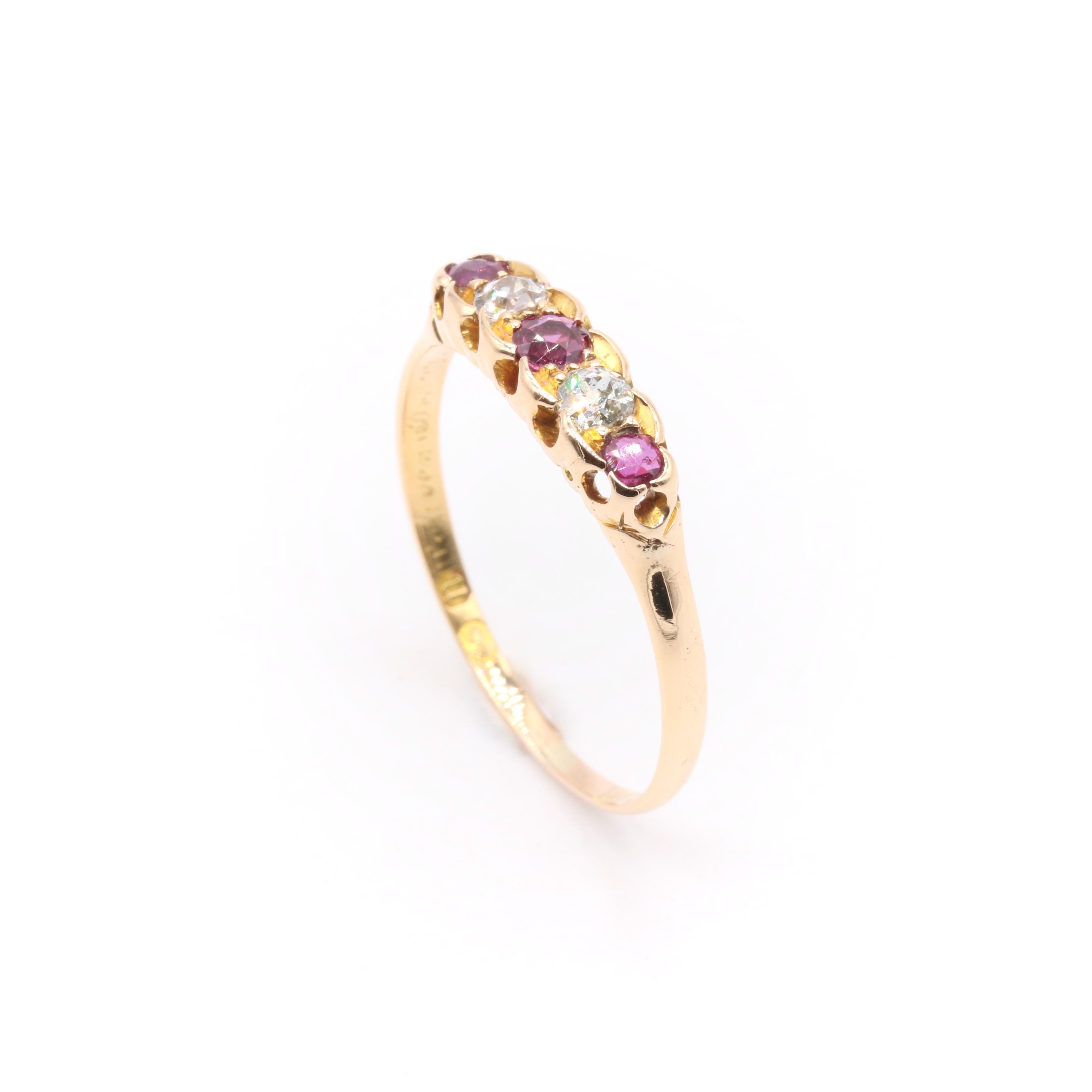 Antique Victorian 18K Yellow Gold 0.45tgw Ruby and Old Cut Diamond 5 Stone Ring 3