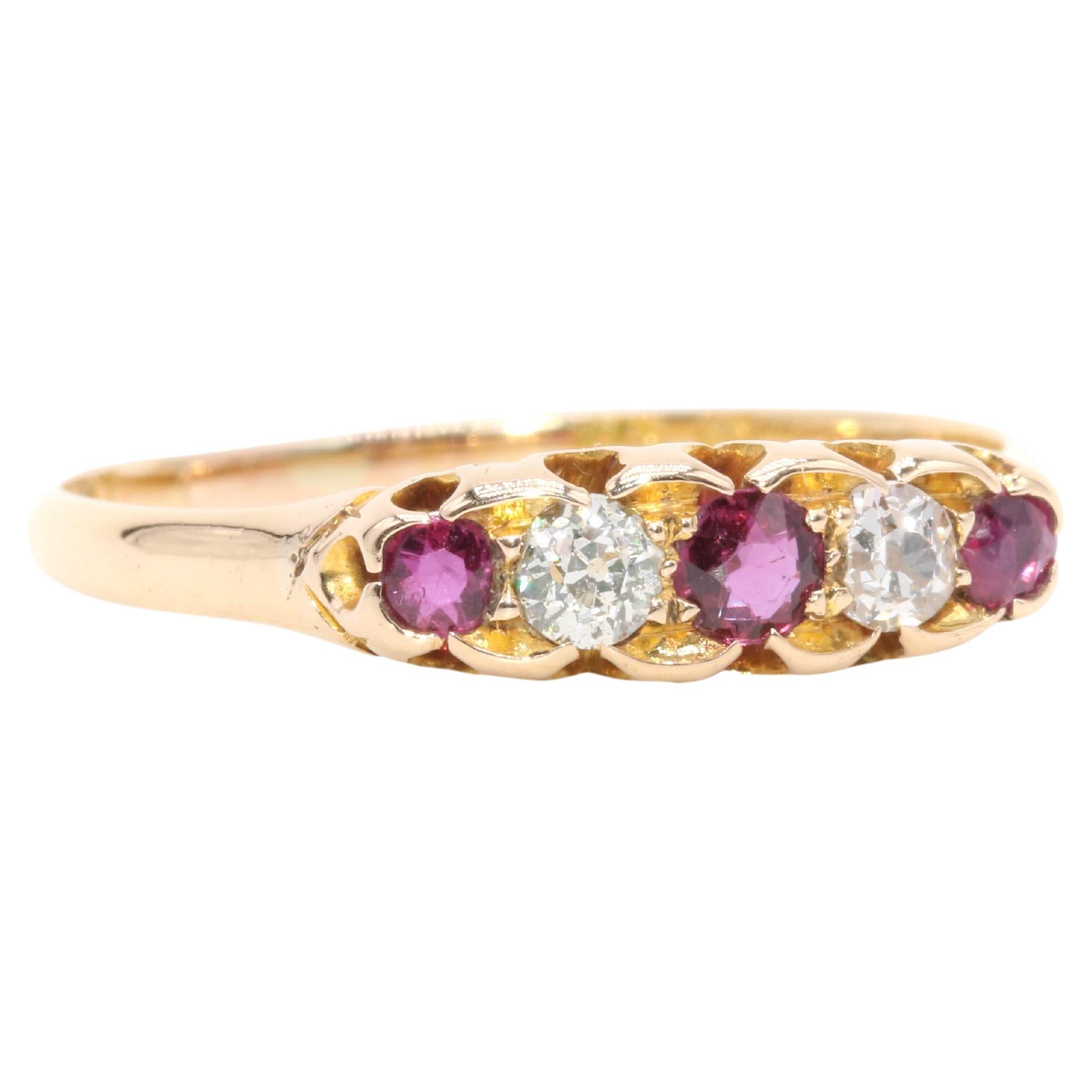 Antique Victorian 18K Yellow Gold 0.45tgw Ruby and Old Cut Diamond 5 Stone Ring