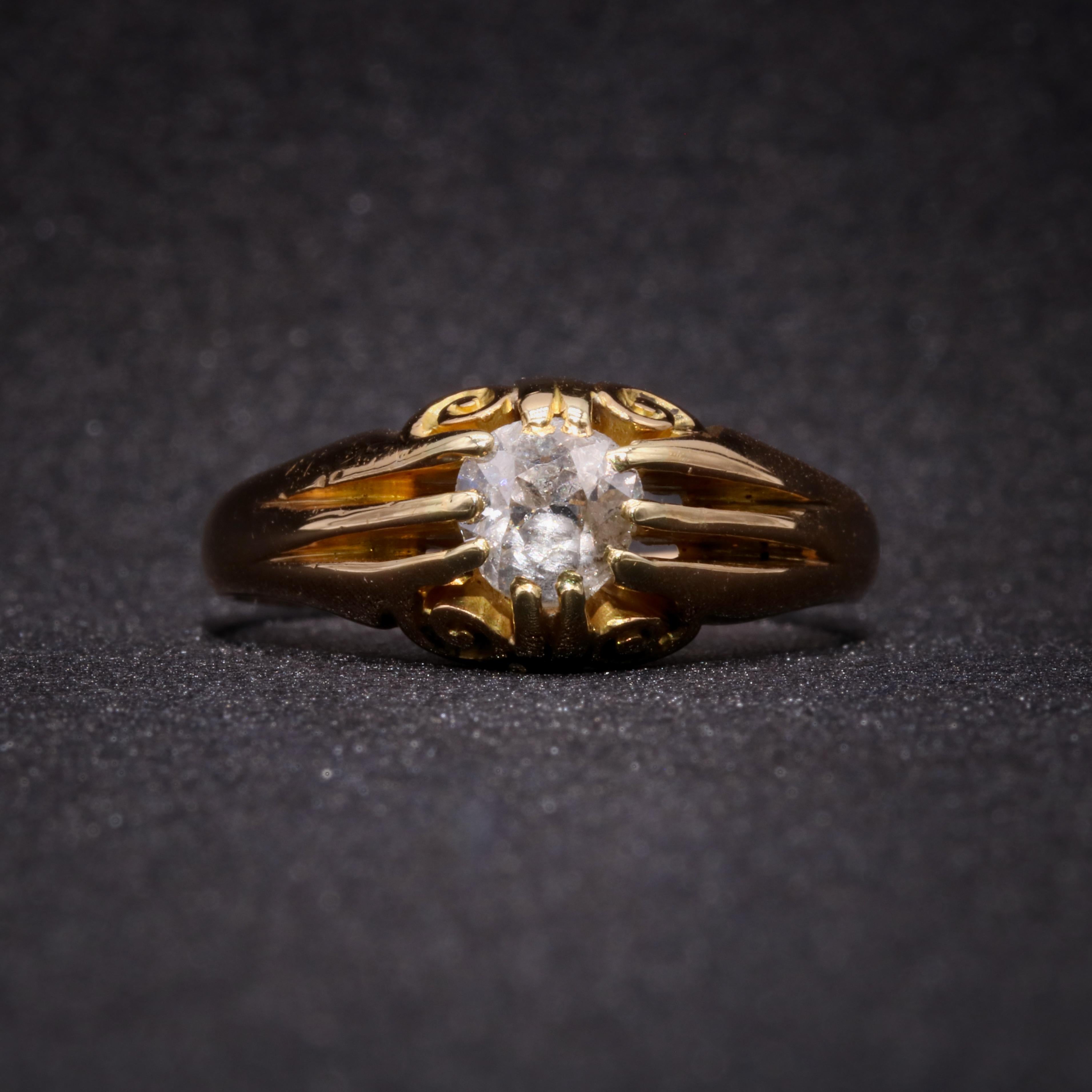 Old Mine Cut Antique Victorian 18K Yellow Gold 0.61ct Old Cut Diamond Belcher Solitaire Ring For Sale