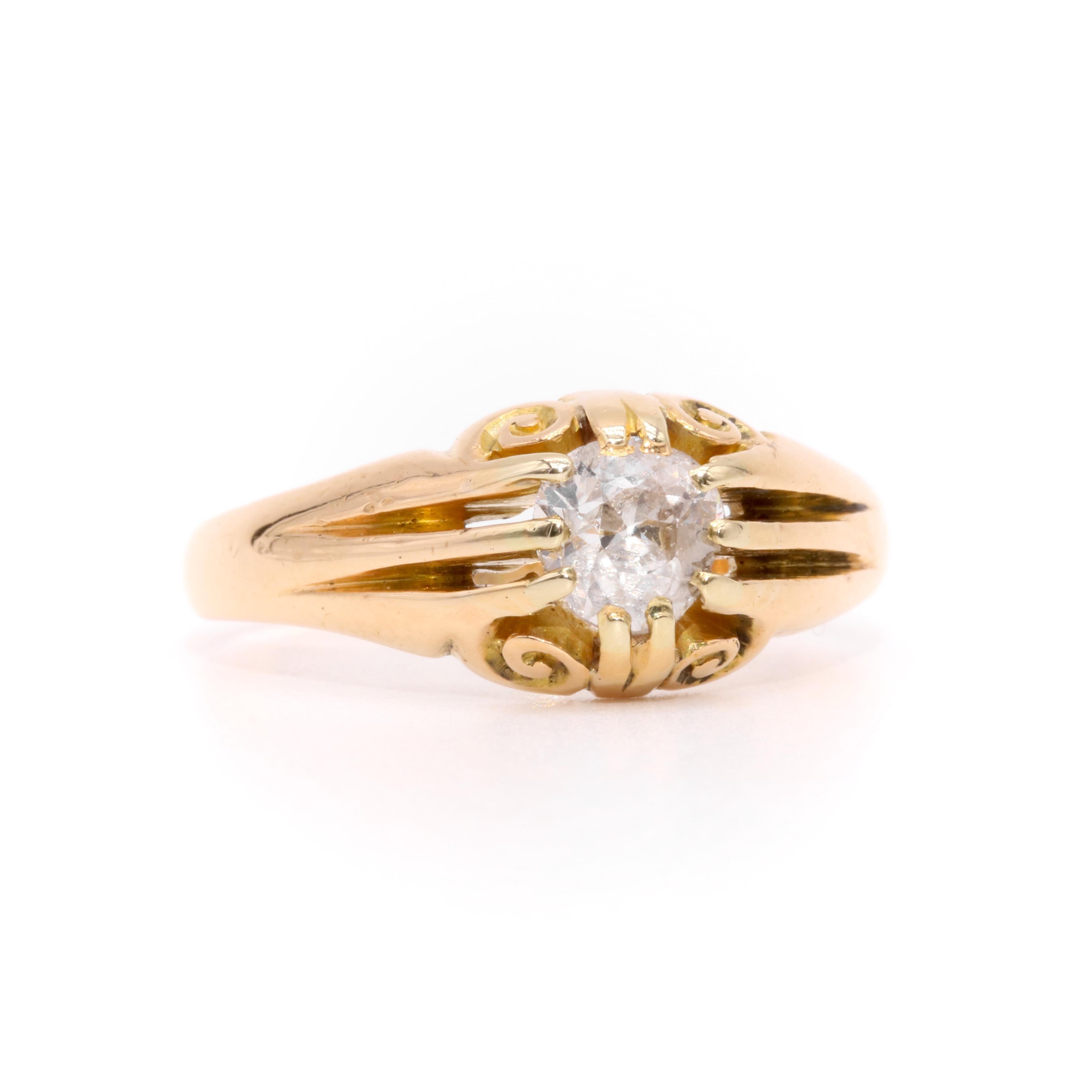 Women's or Men's Antique Victorian 18K Yellow Gold 0.61ct Old Cut Diamond Belcher Solitaire Ring For Sale