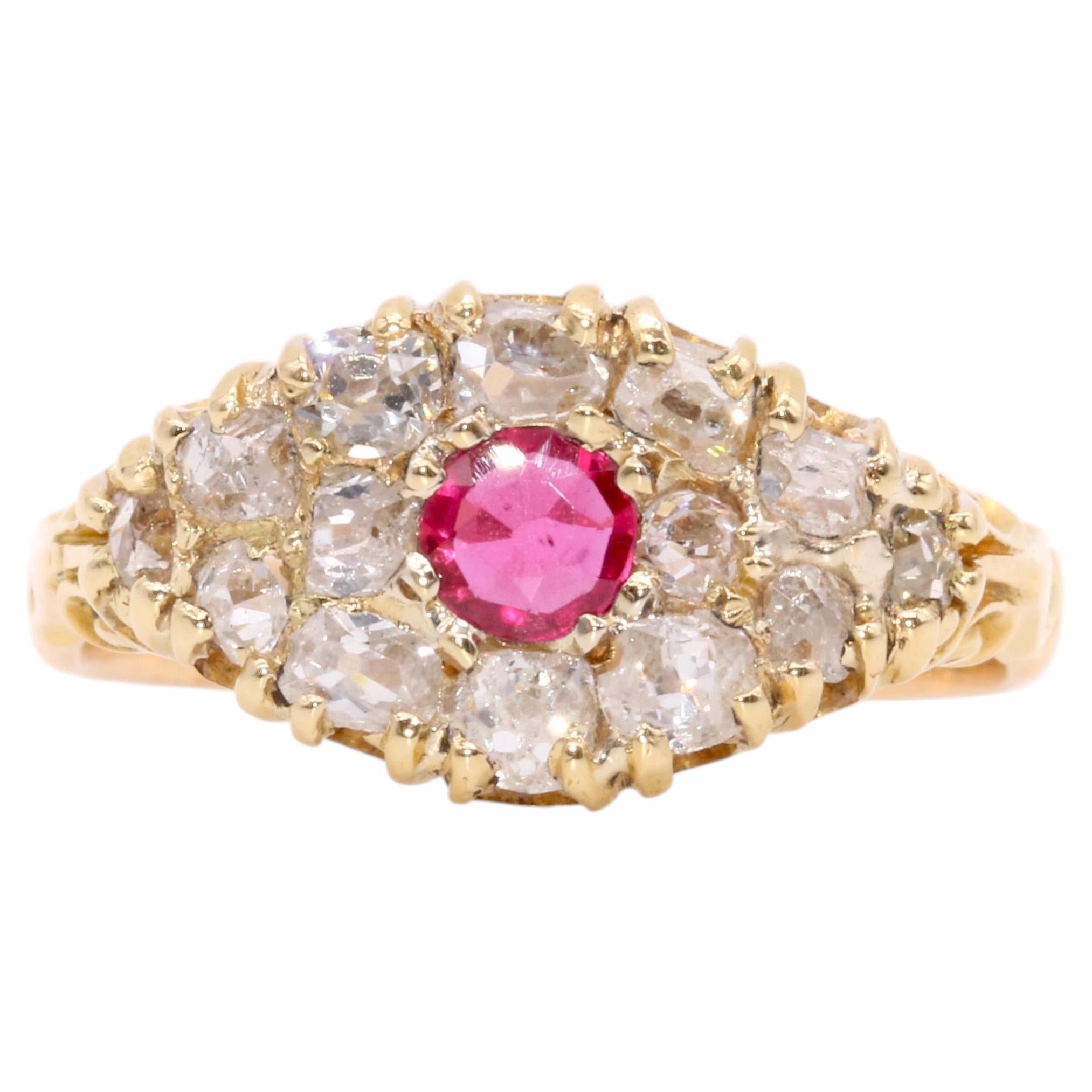 Antique Victorian 18K Yellow Gold 0.99tgw Ruby and Cut Diamond Cluster Ring