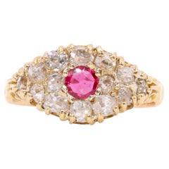 Antique Victorian 18K Yellow Gold 0.99tgw Ruby and Cut Diamond Cluster Ring
