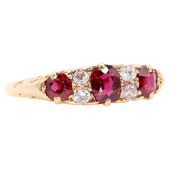 Antique Victorian 18K Yellow Gold 1.03tgw Ruby and Old Cut Diamond 7 Stone Ring