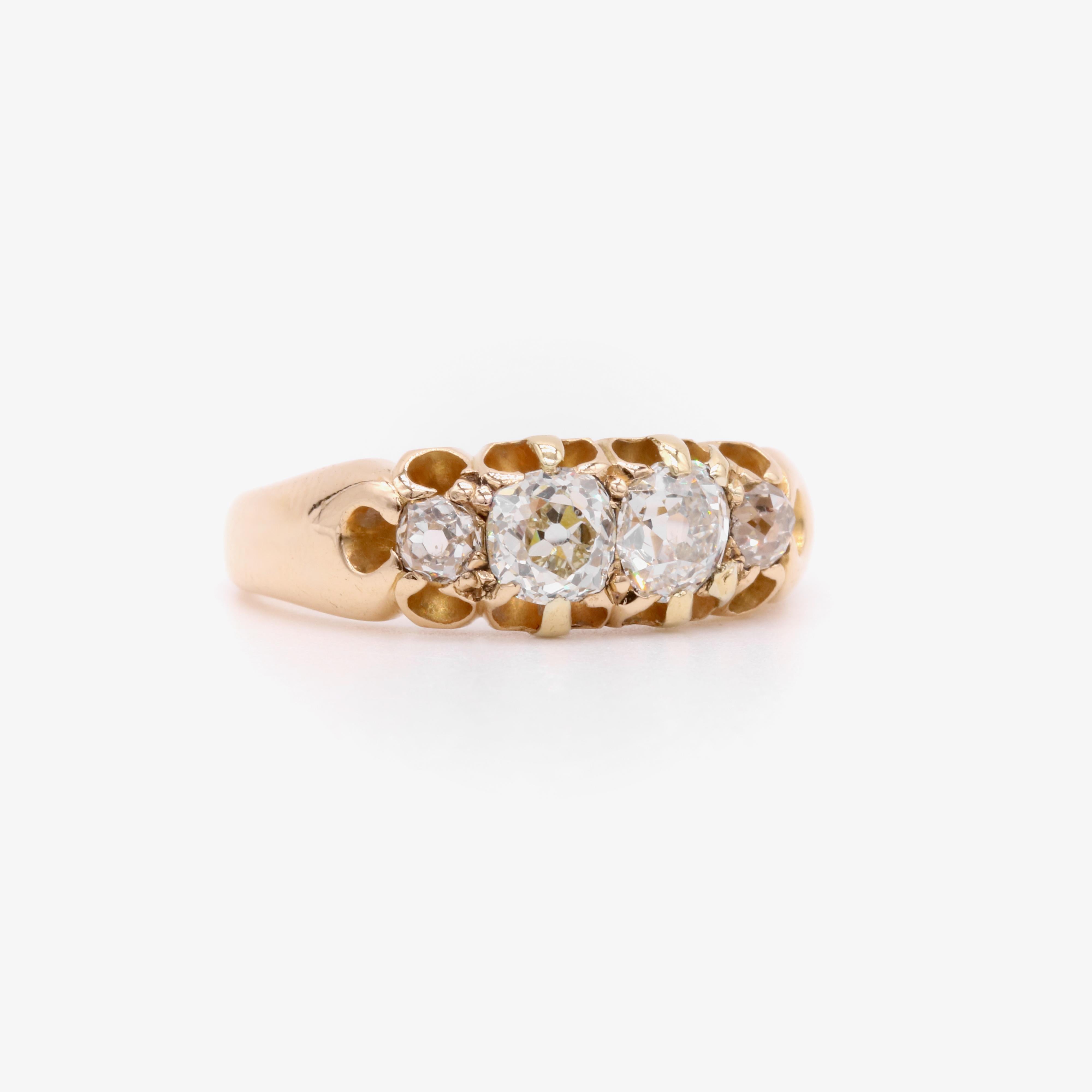 Vittoriano Antico anello vittoriano in oro giallo 18 carati con diamante Old Mine Cut da 1,2 carati e 4 pietre in vendita