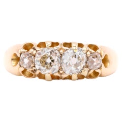 Antique Victorian 18K Yellow Gold 1.2ctw Old Mine Cut Diamond 4 Stone Ring