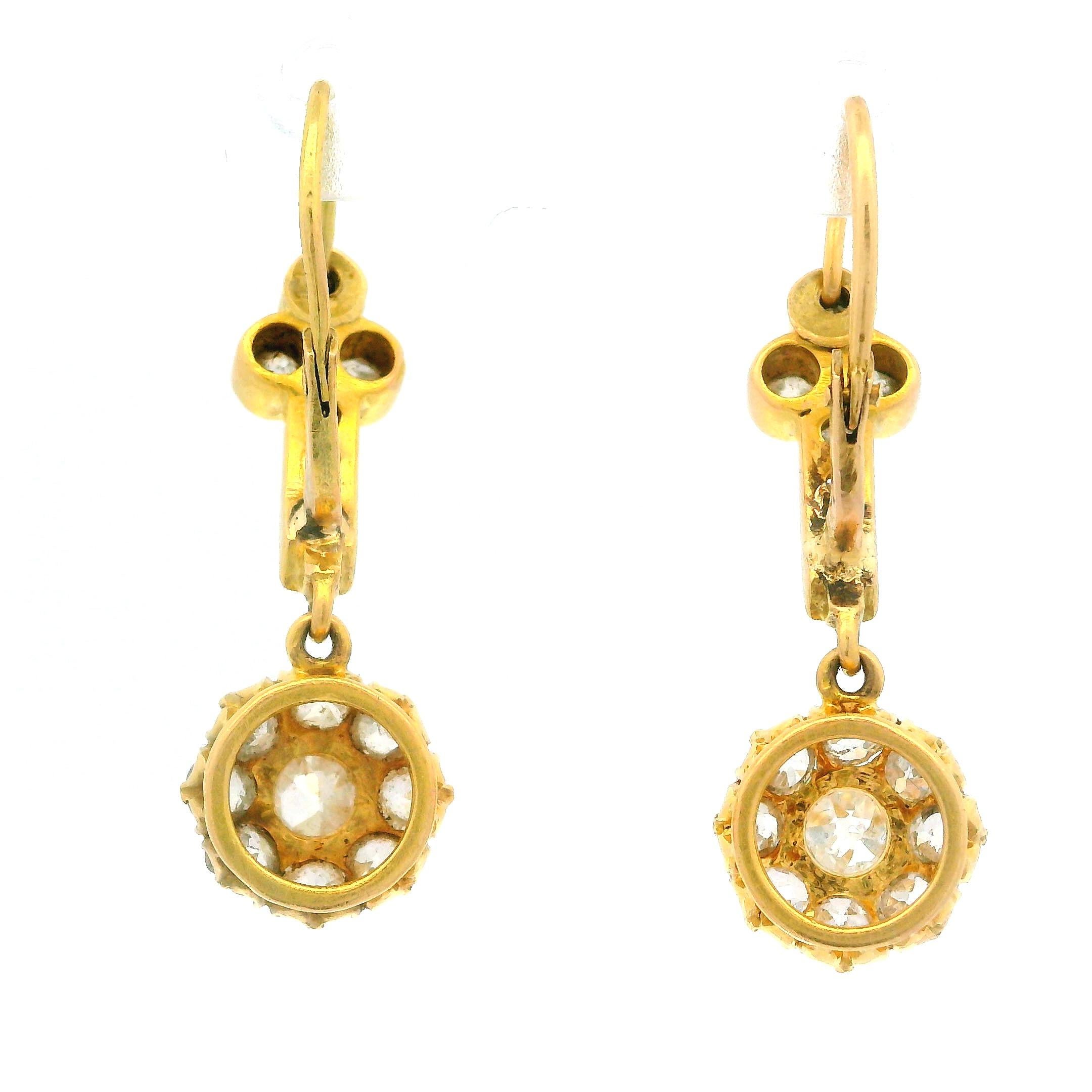 Old Mine Cut Antique Victorian 18k Yellow Gold 1.50ctw Diamond Floral Drop Dangle Earrings For Sale