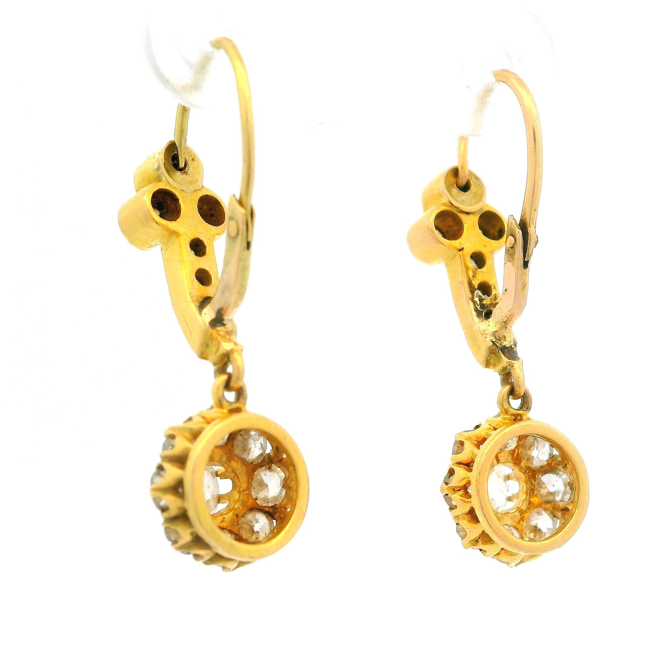 Antique Victorian 18k Yellow Gold 1.50ctw Diamond Floral Drop Dangle Earrings In Excellent Condition For Sale In Montclair, NJ
