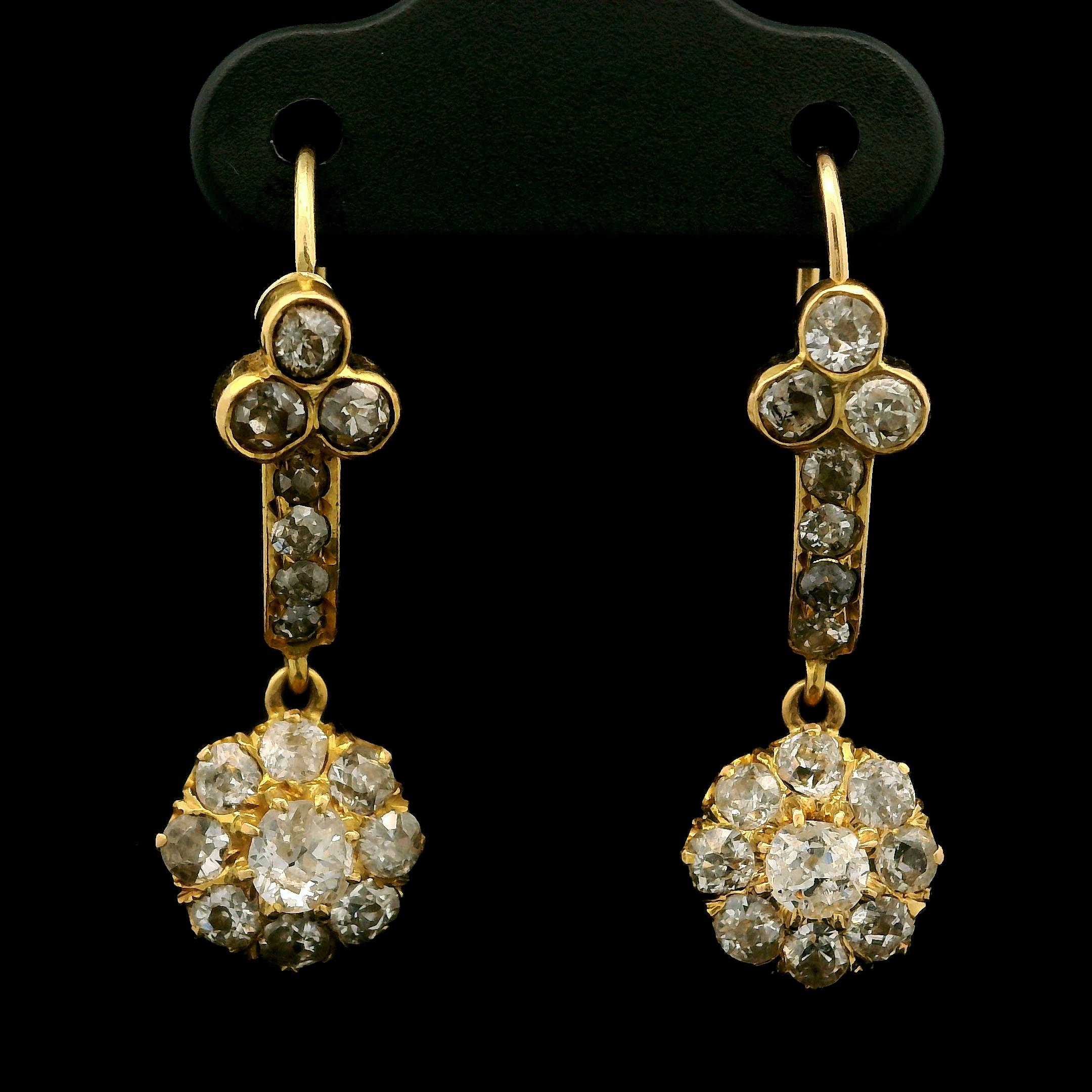 Women's Antique Victorian 18k Yellow Gold 1.50ctw Diamond Floral Drop Dangle Earrings For Sale