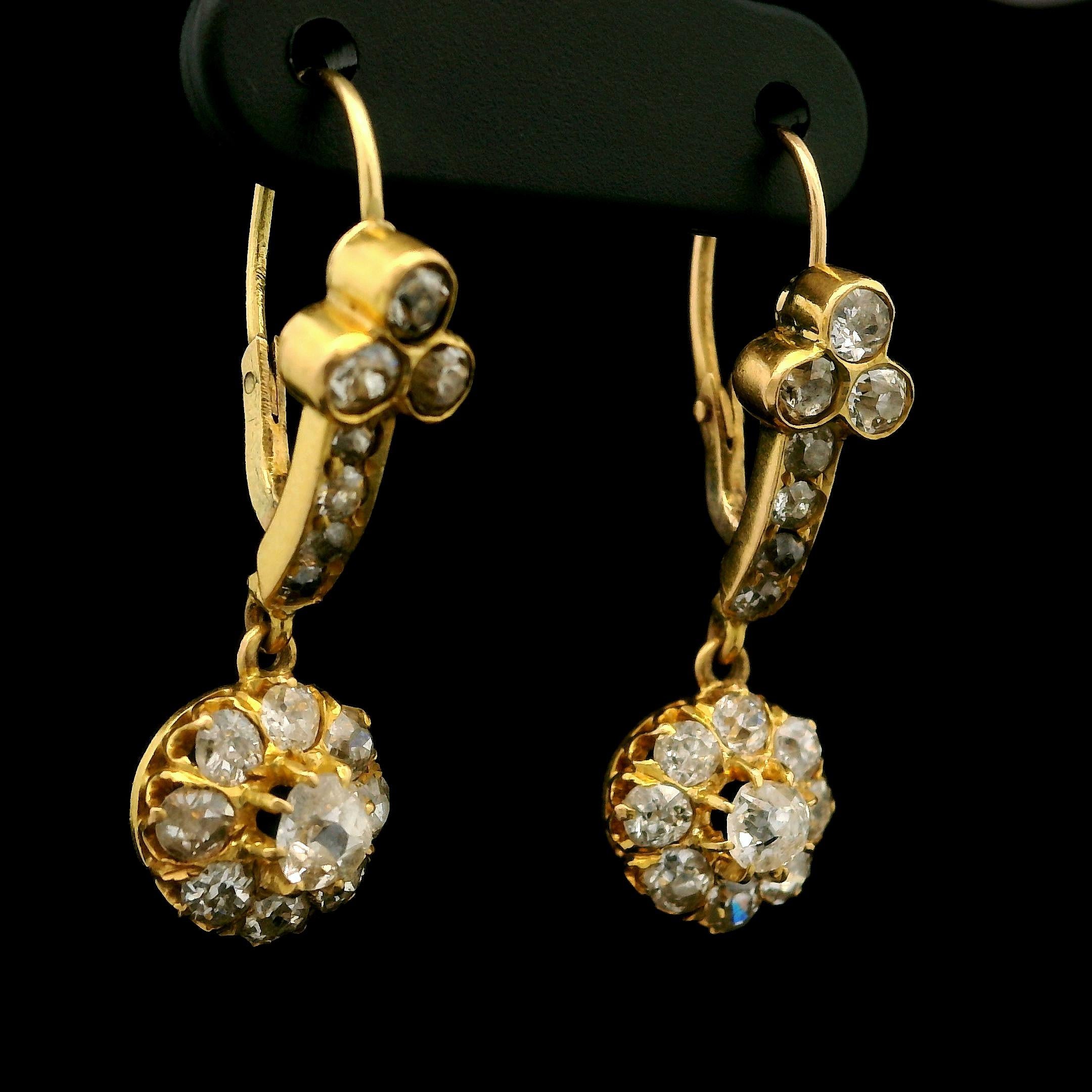 Antique Victorian 18k Yellow Gold 1.50ctw Diamond Floral Drop Dangle Earrings For Sale 1