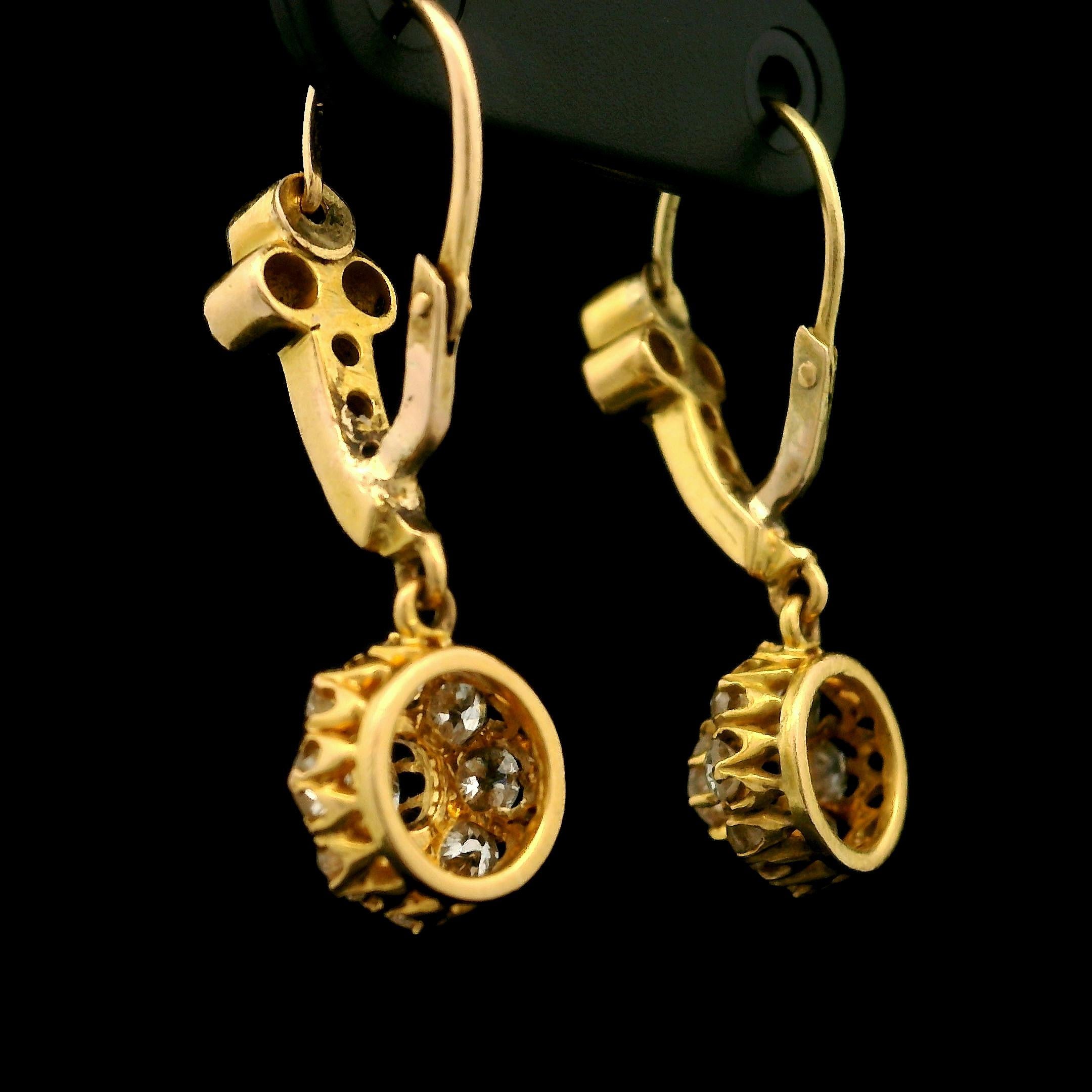 Antique Victorian 18k Yellow Gold 1.50ctw Diamond Floral Drop Dangle Earrings For Sale 3