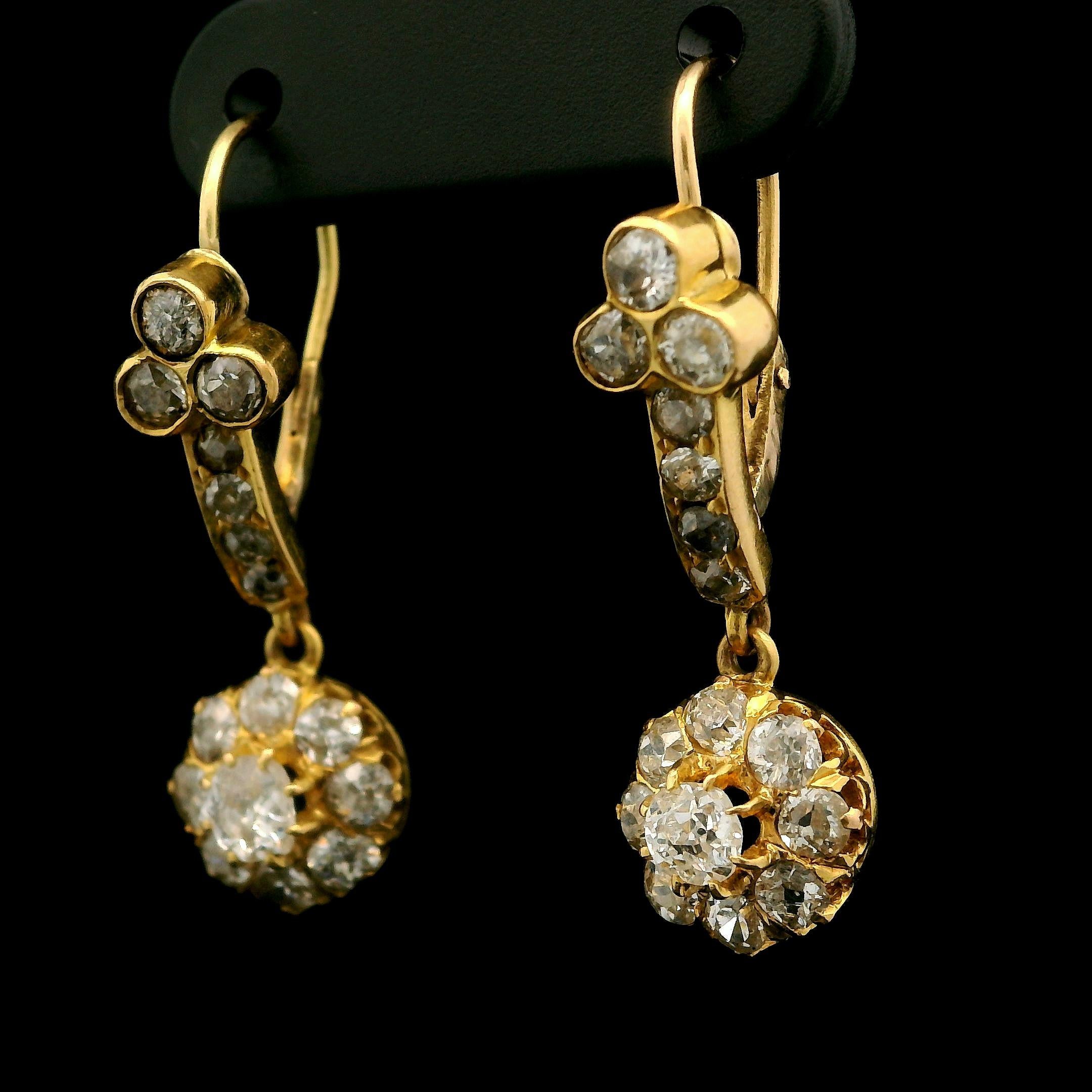 Antique Victorian 18k Yellow Gold 1.50ctw Diamond Floral Drop Dangle Earrings For Sale 4