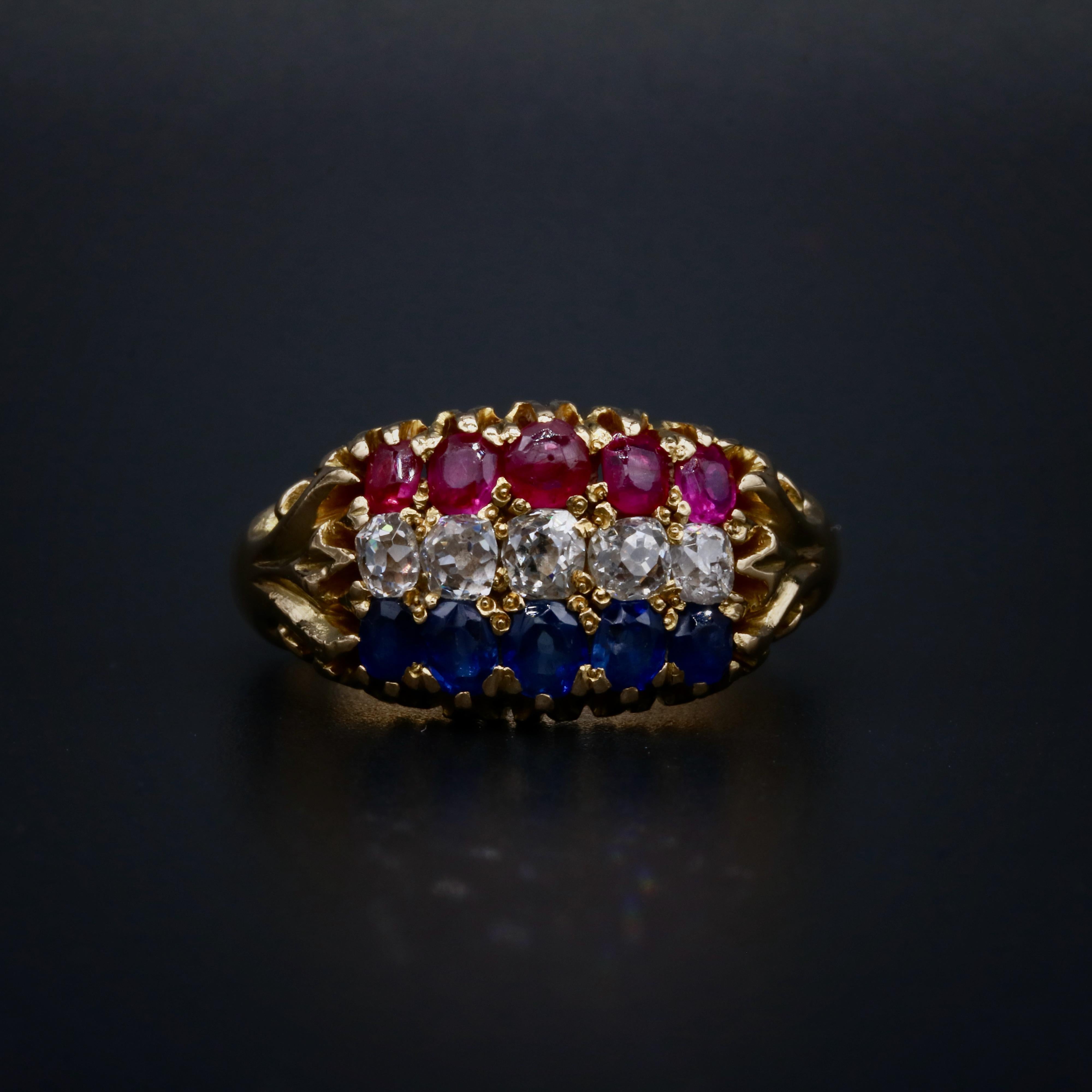 Old Mine Cut Antique Victorian 18K Yellow Gold 1.58tgw Sapphire, Diamond and Ruby Ring For Sale