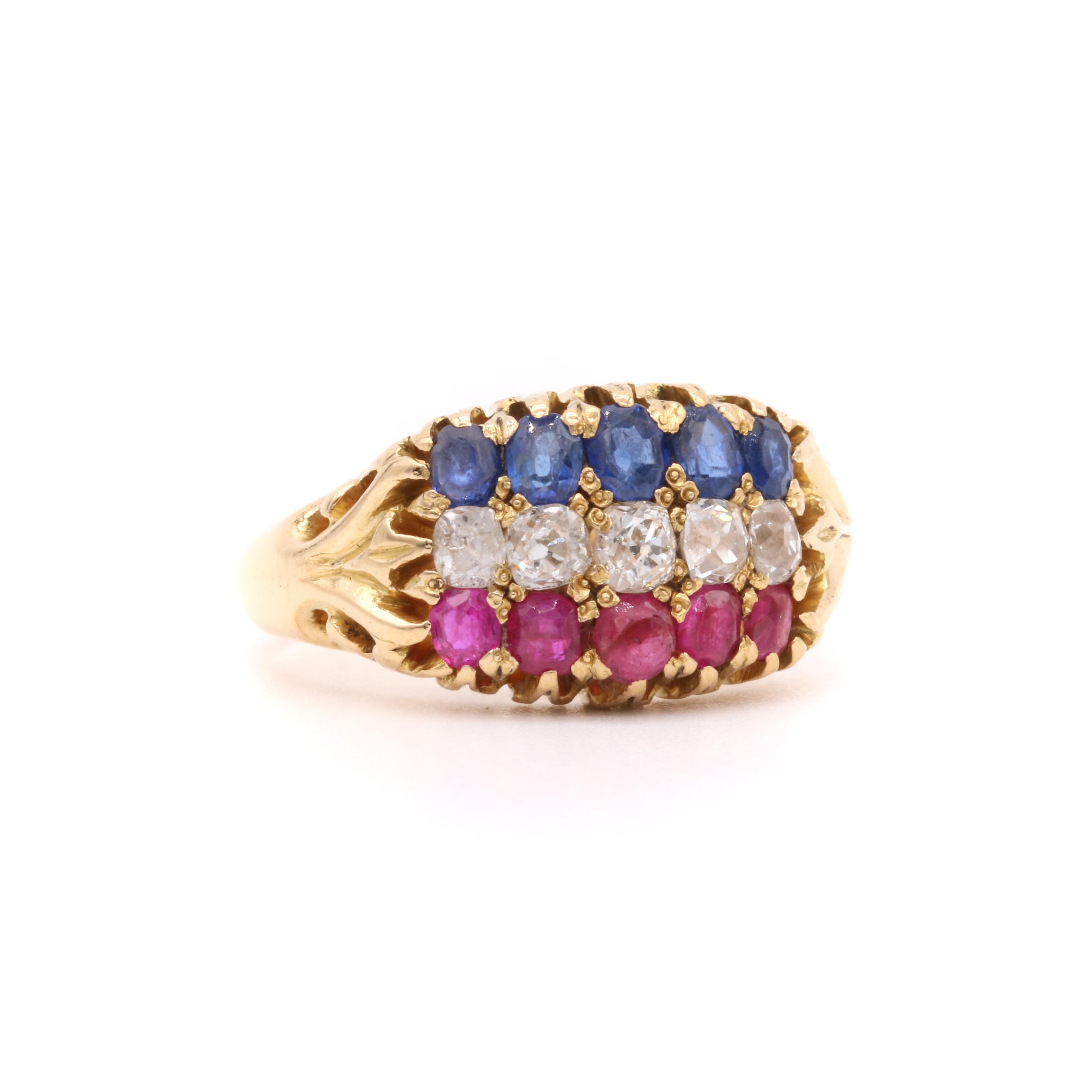 Antique Victorian 18K Yellow Gold 1.58tgw Sapphire, Diamond and Ruby Ring In Good Condition For Sale In Staines-Upon-Thames, GB