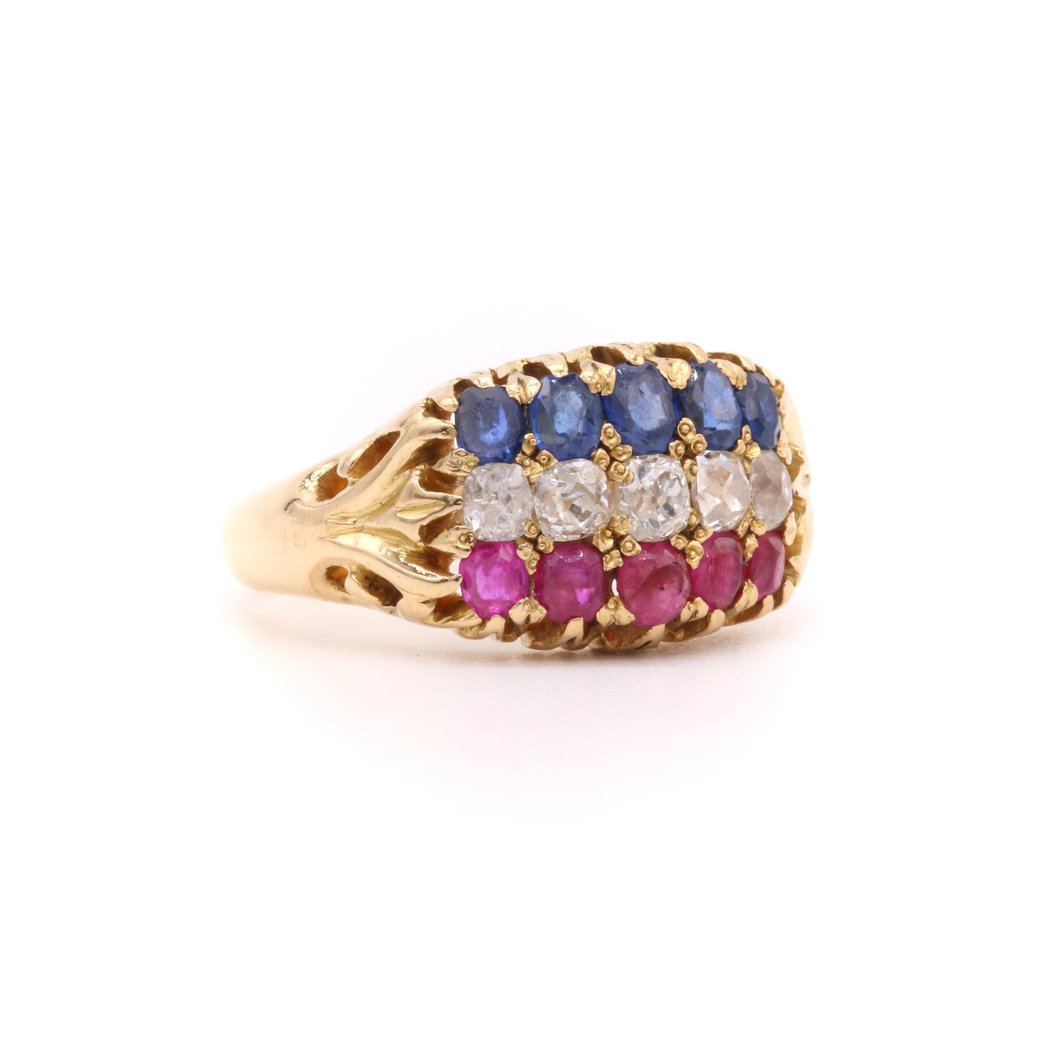 Women's or Men's Antique Victorian 18K Yellow Gold 1.58tgw Sapphire, Diamond and Ruby Ring For Sale