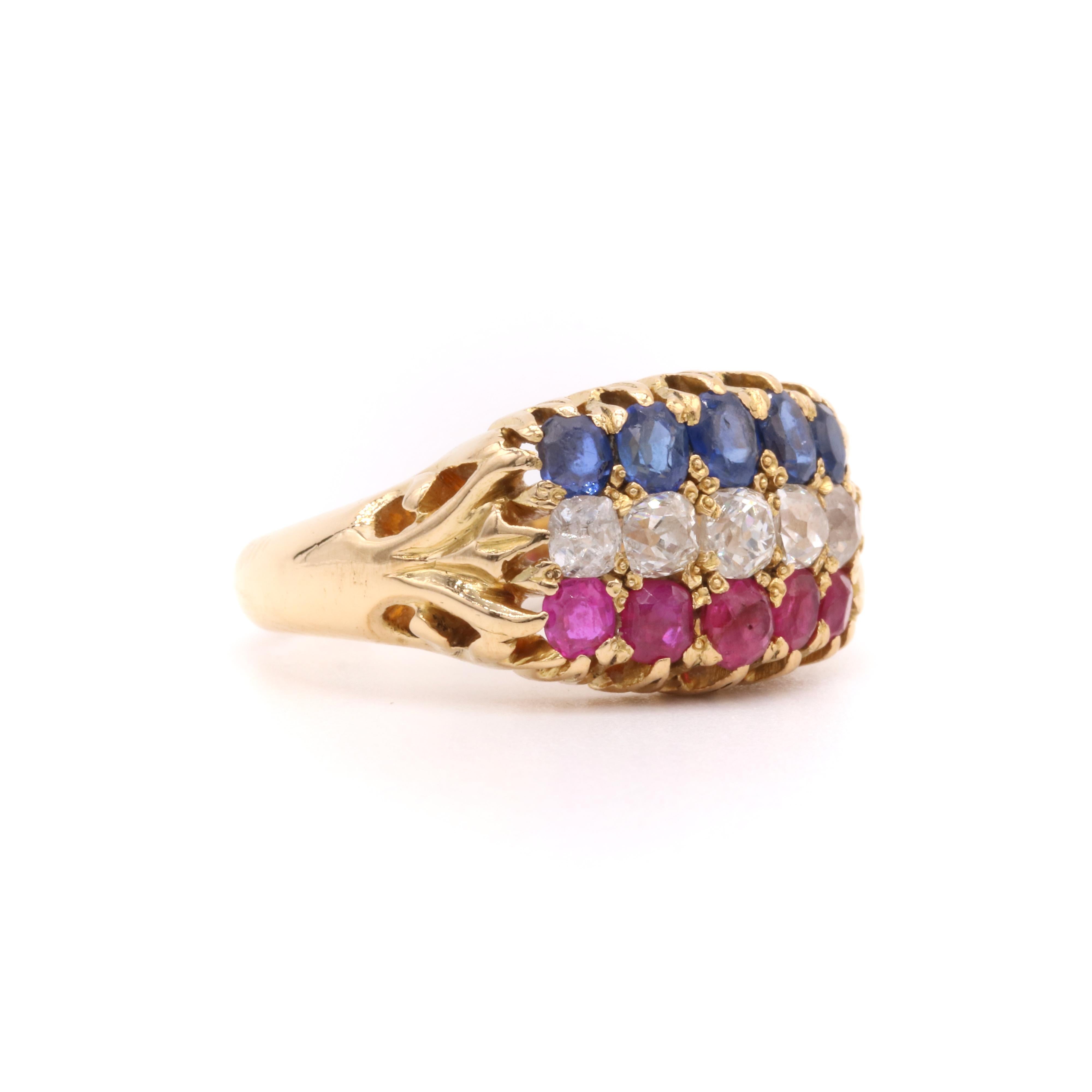 Antique Victorian 18K Yellow Gold 1.58tgw Sapphire, Diamond and Ruby Ring For Sale 1